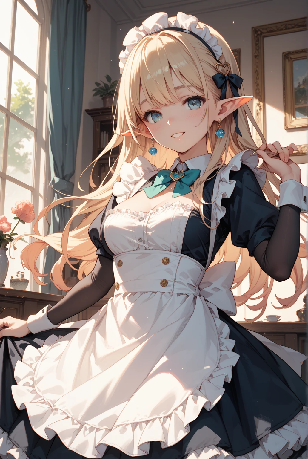 masterpiece, Highest quality, Very detailed, 16K, Ultra-high resolution, Cowboy Shot, Alice in Wonderland, (art nouveau:1.4), 10-year-old girl, Detailed face, (smile:1.5), blue eyes, Blonde, ,half updo, Ribbon on head, Blue clothes, Plain white apron, 大きなclockのある部屋で, clock, 壁clock, Music Box