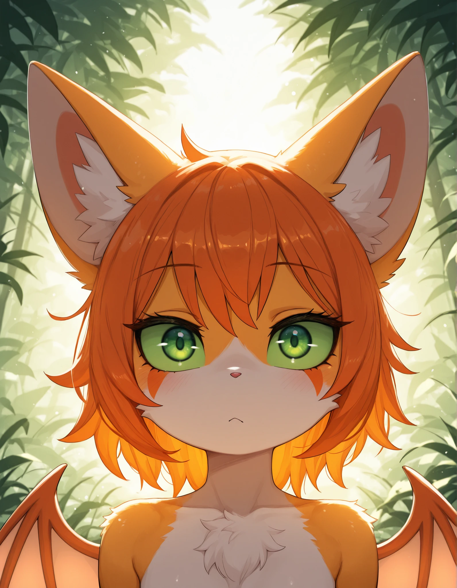 ldl,, masterpiece, best quality, very aesthetic, (1girl:0.7),, (solo:1.3), furry, fidget \(elysian tail\), nimbat, fidget_daet, anthro, furry female, wings, tail, green eyes, colored sclera, bat wings, facial markings, orange fur, white fur, two-tone fur,membranous wings, fluffy, portrait, big eyes, young, BREAK, masterpiece, best quality, high quality, particles effect, [:by Desubox:0.15], [:by Anchee, by Snowskau:0.55], detailed background, detailed foreground, subtle shadows, depth of field, backlighting, plant, nude