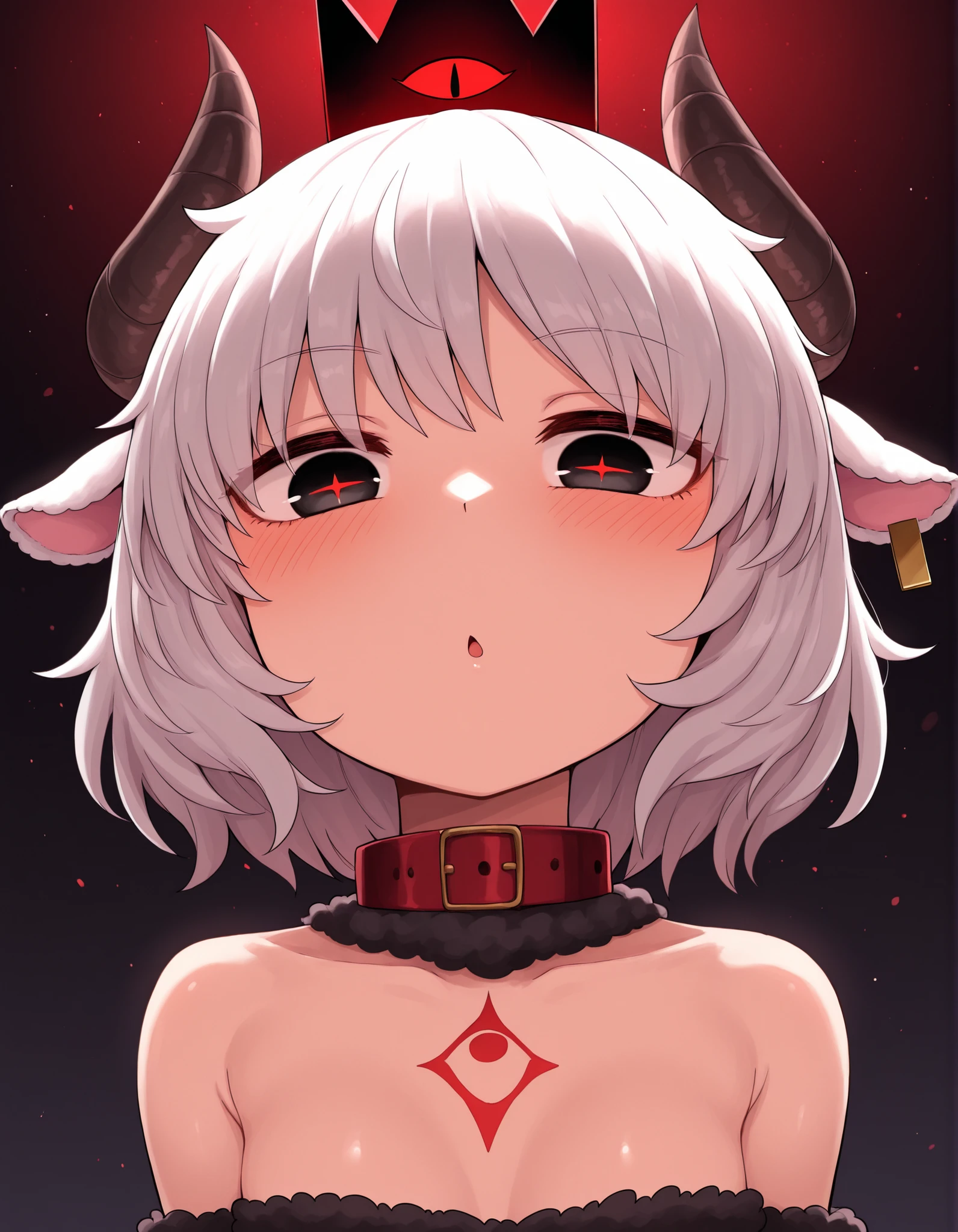 ldl,, masterpiece, best quality, very aesthetic, 1girl, solo, cult of the lamb, sheep girl, collar, horizontal pupils, red/black eyes, red crown,