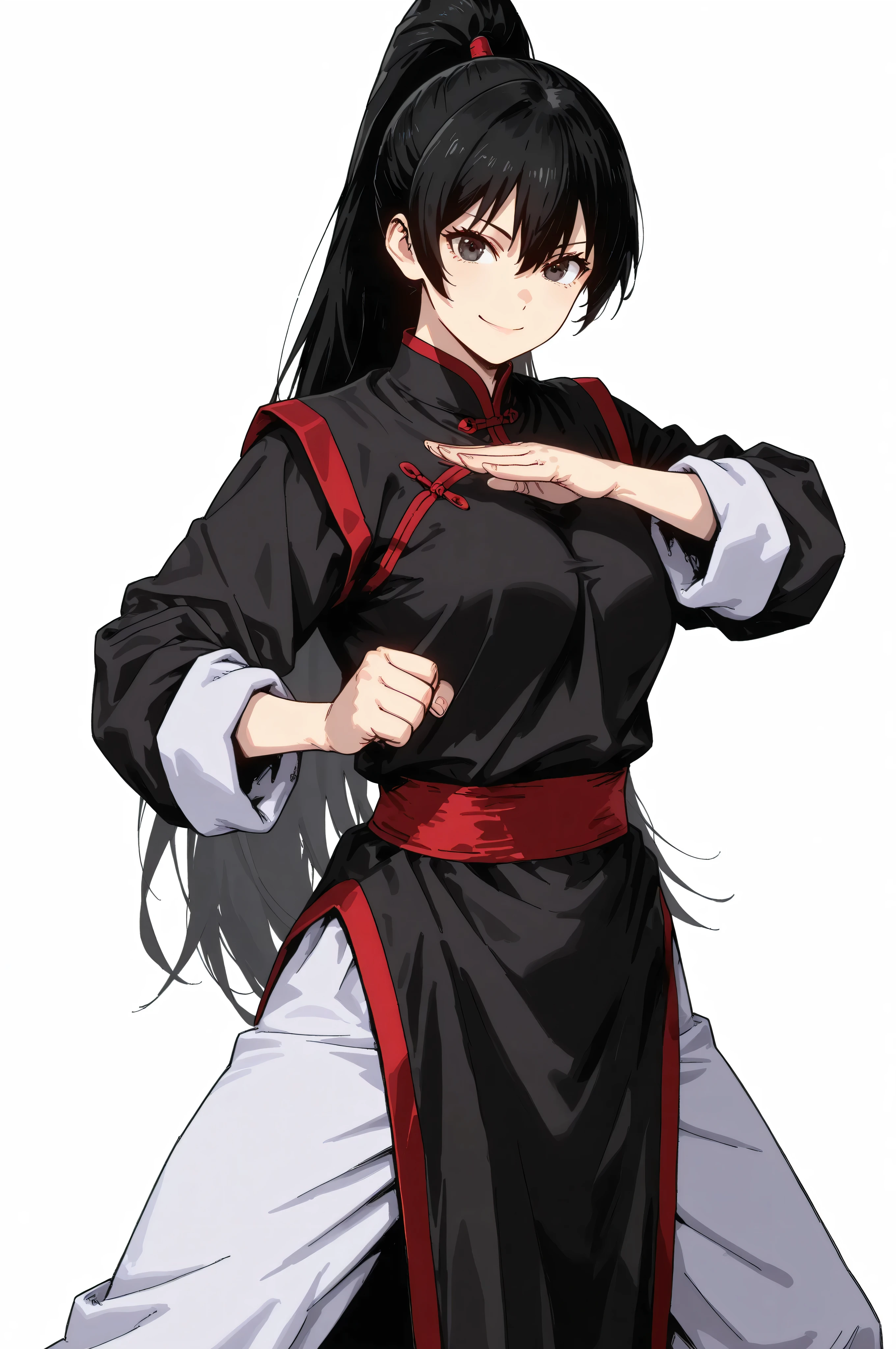 gsfghtr, multicolored robe, chinese clothes,KungFuUniform,score_9, score_8_up, score_7_up, gsfghtr, 1girl, smile serious, long ponytail, kohei horitoshi, white background, mature female, breasts, kung fu master, view from head to thigh, fist hand level hip, offer other palm hand pose, kung fu stance, 