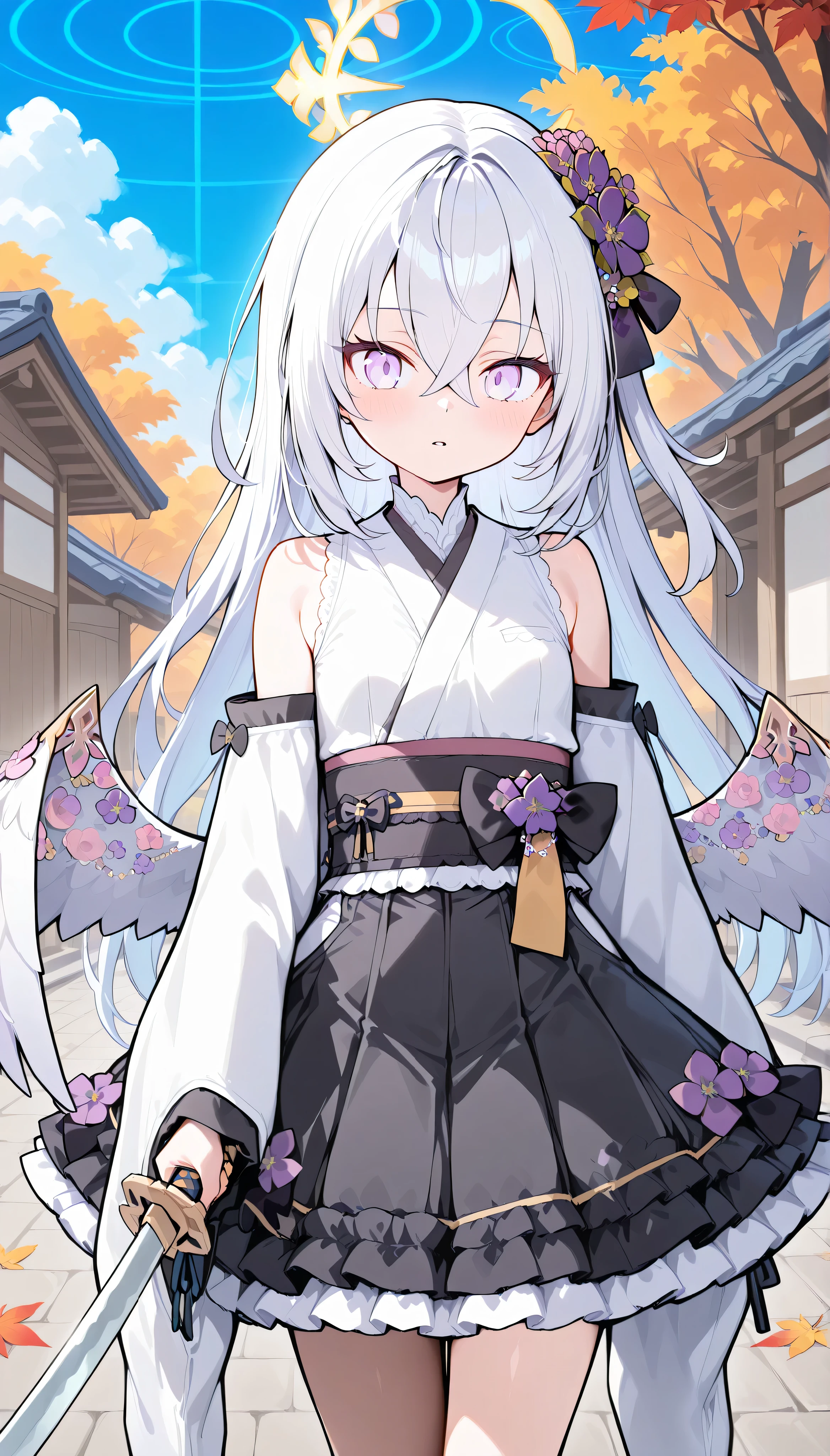 azusa (blue archive),purple eyes,white hair,long hair,wings,hair flower,halo, solo, I can see my eyebrows from the inside of my hair, hair between eyes, is embarrassing, masterpiece, Best Quality, very aesthetic, detached sleeves, japanese clothes, white kimono, purple frilled skirt, mini skirt, white frills in sleeves, white frills derss, outdoor, japanese town, Holding a weapon in hand, gripping katana, parted lips, autumn, in the evening, momiji,