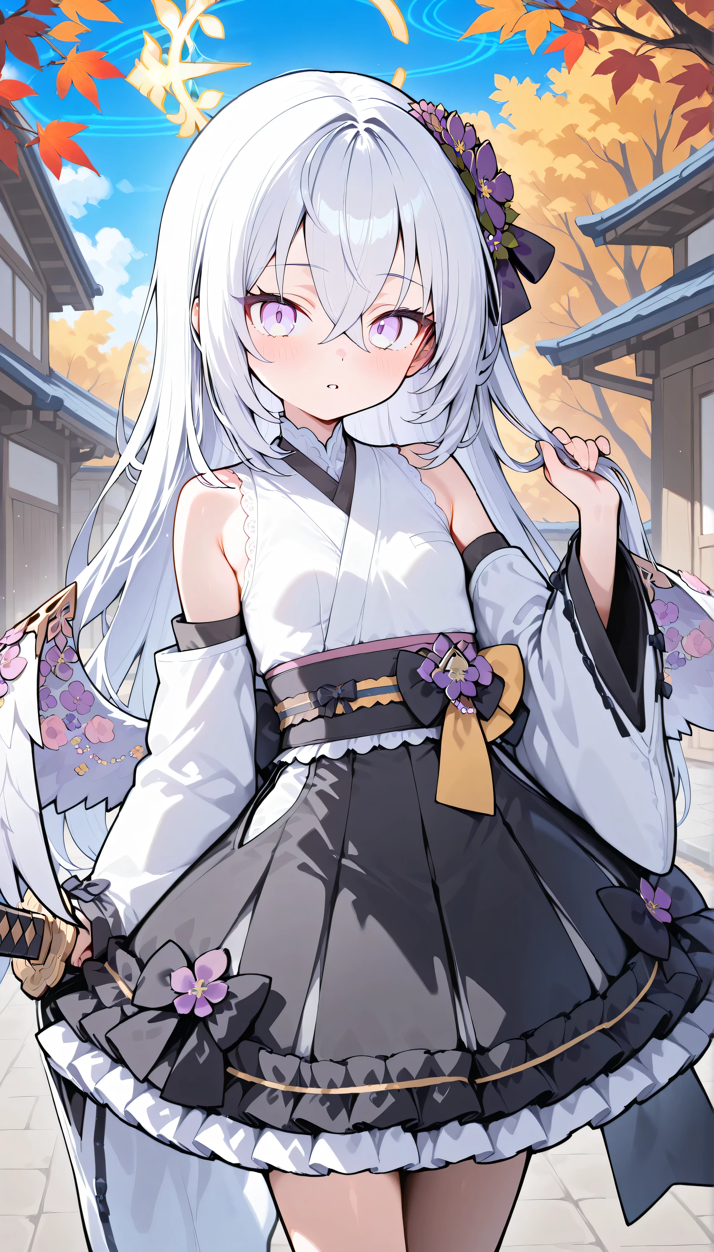 azusa (blue archive),purple eyes,white hair,long hair,wings,hair flower,halo, solo, I can see my eyebrows from the inside of my hair, hair between eyes, is embarrassing, masterpiece, Best Quality, very aesthetic, detached sleeves, japanese clothes, white kimono, frilled skirt, purple mini skirt, white frills in sleeves, white frills derss, outdoor, japanese town, Holding a weapon in hand, gripping katana, parted lips, autumn, in the evening, momiji,