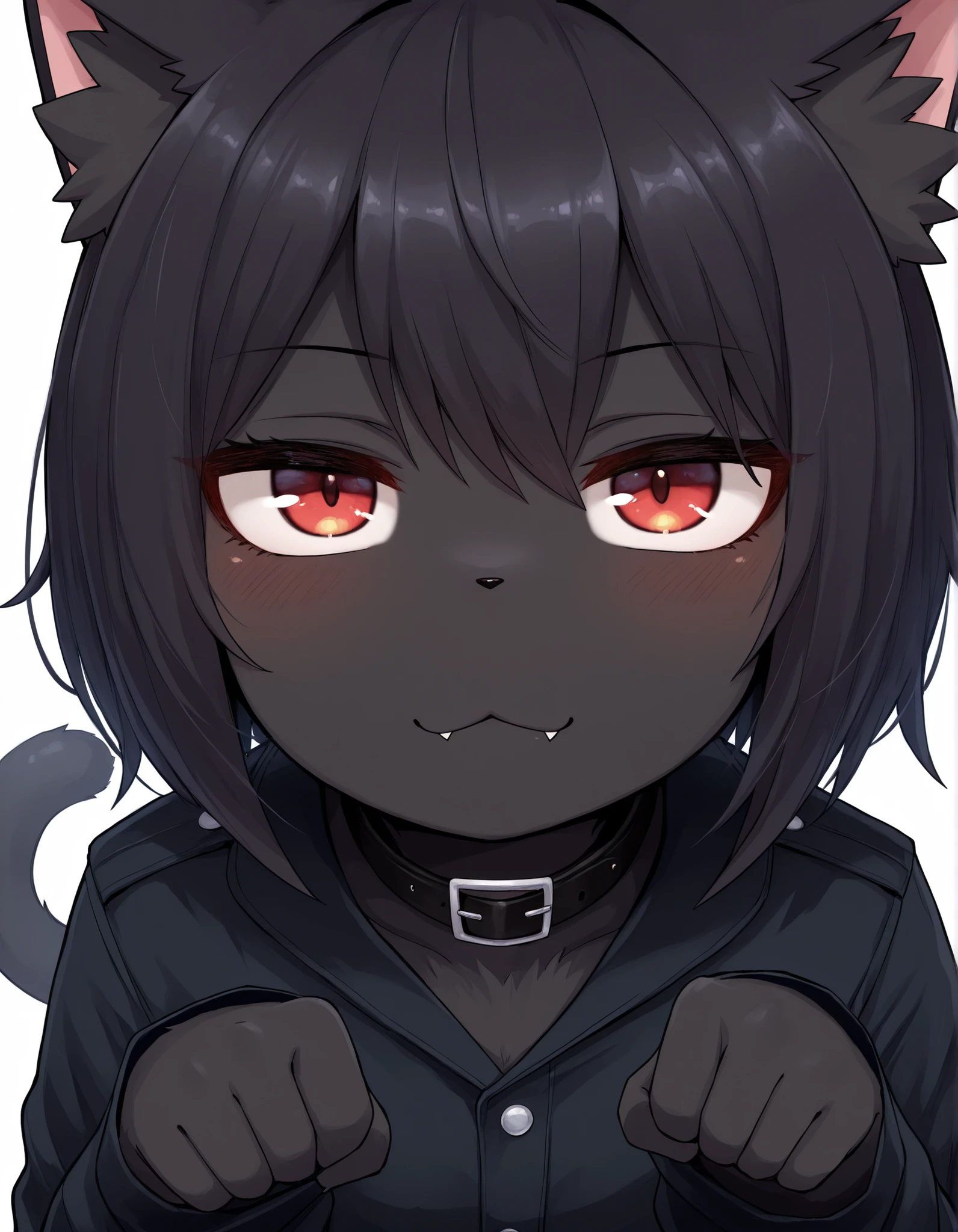 ldl,, masterpiece, best quality, very aesthetic, 1girl, solo, white background, looking at viewer, portrait, paw pose, :3, furry female, cat girl, animal ears, black hair, short hair, black skin, red eyes, cat tail, black jacket, buttons, long sleeves, black belt, collar, masterpiece, best quality,