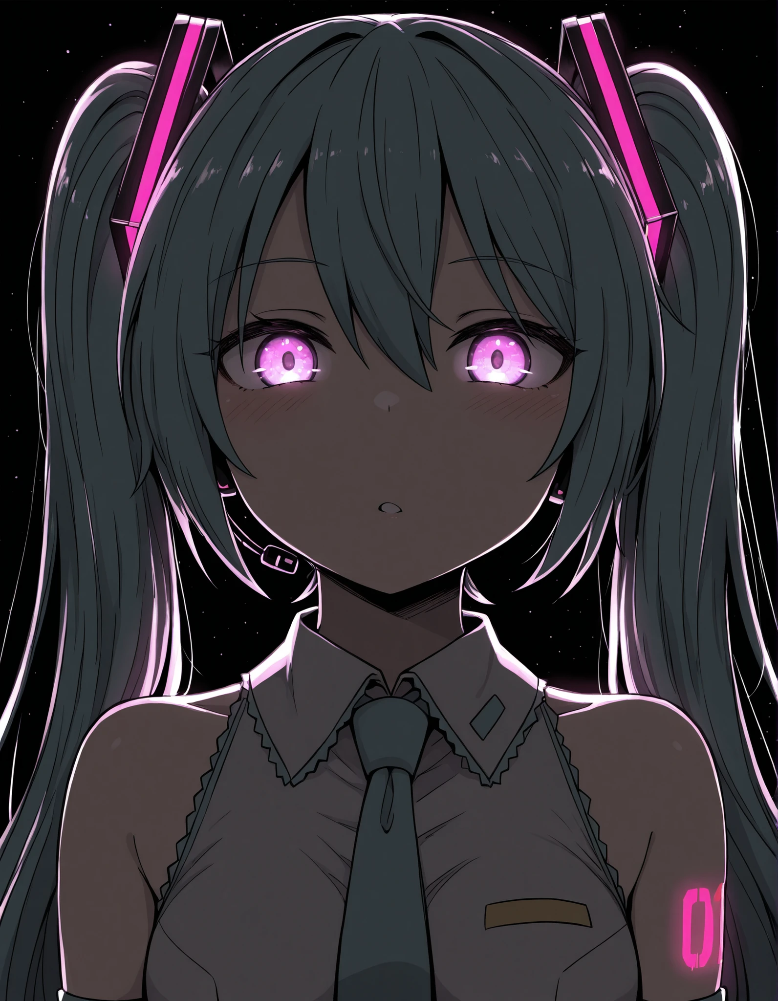 ldl,, Hatsune Miku,limited palette,black background,colorful,vibrant,glowing outline,neon,blacklight,looking at viewer, masterpiece, very aesthetic,