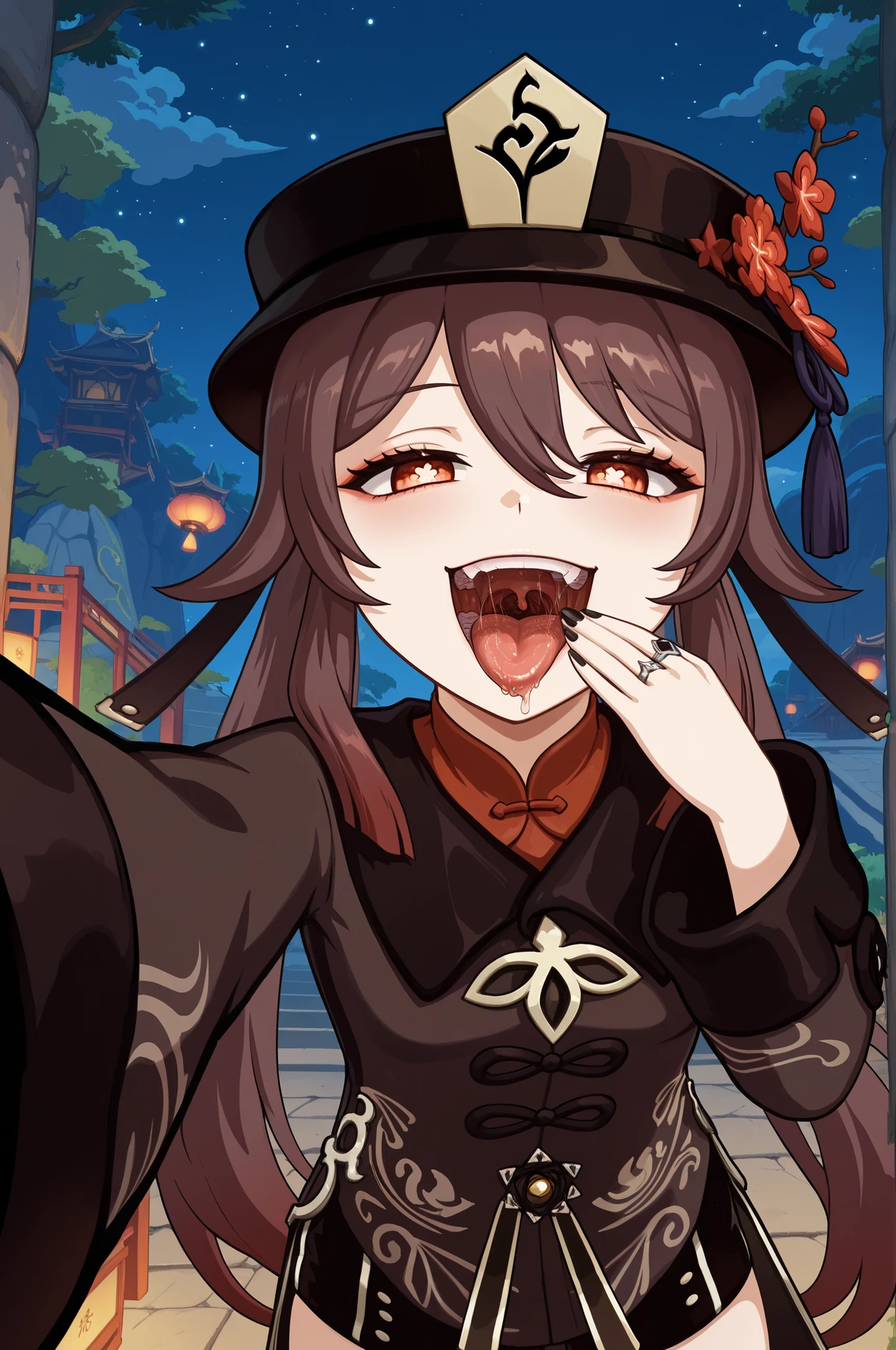 hutao, hu tao (genshin impact), long hair, bangs, brown hair, red eyes, hair between eyes, twintails, sidelocks, symbol-shaped pupils, mature female, small breasts, long sleeves, hat, jewelry, flower, shorts, wide sleeves, coat, chinese clothes, black shorts, ring, black nails, hat ornament, hat flower,, karbostyle, open mouth, drooling, 1girl, solo, open mouth, uvula, tongue, saliva, teeth, masterpiece, best quality, ultra detailed, Genshin Impact style, Liyue, China, smile, outdoors, night, standing, smug, reaching out with one hand, holding viewer, pointing to own mouth, half-lidded eyes, mouth focus, upper body, tongue out, eager