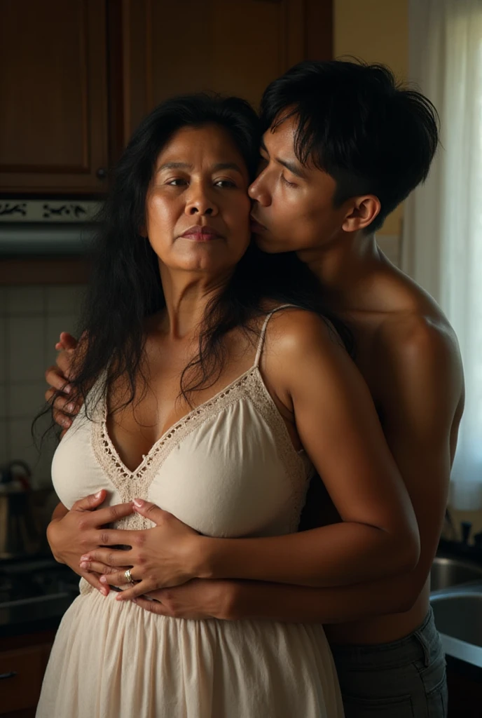 58-year-old  Indonesian mature woman, sitting leisurely on a poor family bed with a 25-year-old  young man, the man hugs , black hair, brown skin, slim body, sweaty wet body, has extra : 206.9, big , sitting on the mattress with her  