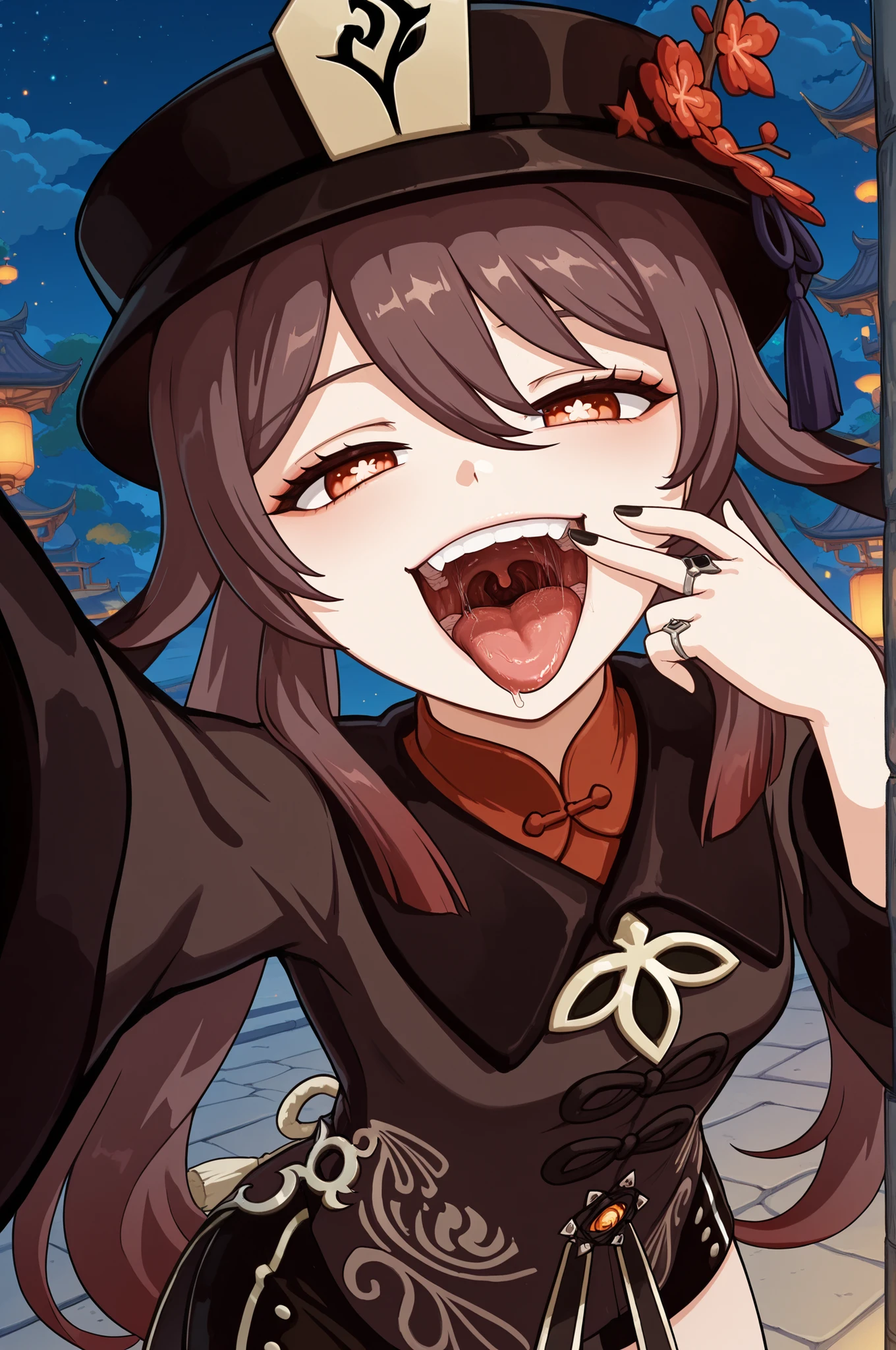 hutao, hu tao (genshin impact), long hair, bangs, brown hair, red eyes, hair between eyes, twintails, sidelocks, symbol-shaped pupils, mature female, small breasts, long sleeves, hat, jewelry, flower, shorts, wide sleeves, coat, chinese clothes, black shorts, ring, black nails, hat ornament, hat flower,, karbostyle, open mouth, drooling, 1girl, solo, open mouth, uvula, tongue, saliva, teeth, masterpiece, best quality, ultra detailed, Genshin Impact style, Liyue, China, smile, outdoors, night, standing, smug, reaching out with one hand, holding viewer, pointing to own mouth, half-lidded eyes, mouth focus, upper body, tongue out, eager