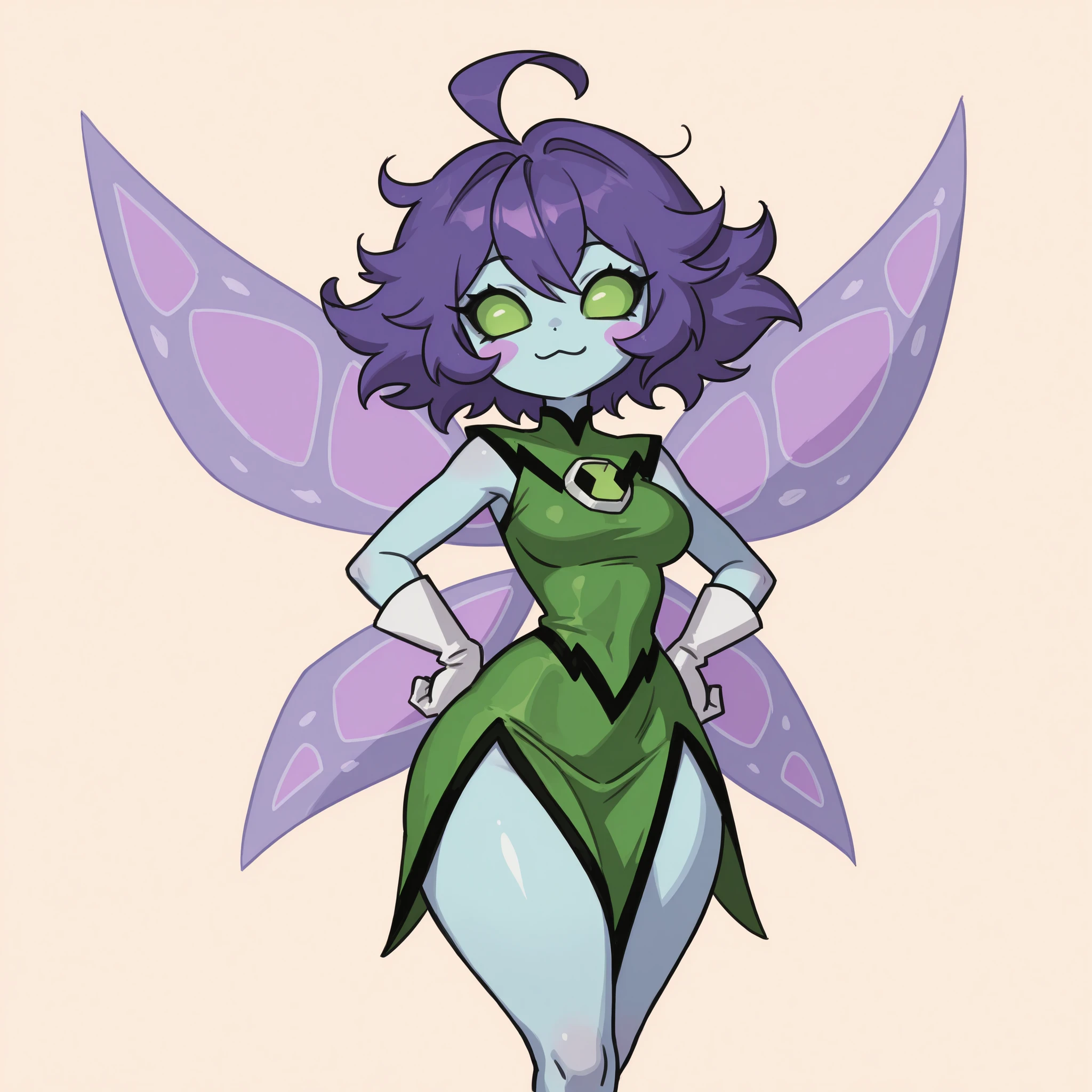 masterpiece, ultra-HD, impressionism, high detail, best quality, very aesthetic, 8K, best quality, beautiful, ultra-high resolution, 32K UHD, sharp focus, 1girl, solo, peskydust, short messy hair, purple hair, fluffy hair, ahoge, almond-shaped eyes, green sclera, no pupils, eyeless, black eyeliner, eyelashes, blush stickers, blue skin, fairy wings, medium breasts, narrow waist, wide hips, thick thighs, shapely legs, slim, petite, green dress, white gloves, mischievous, :3, cute, hand on hips, standing, looking at the viewer, simple background, front view