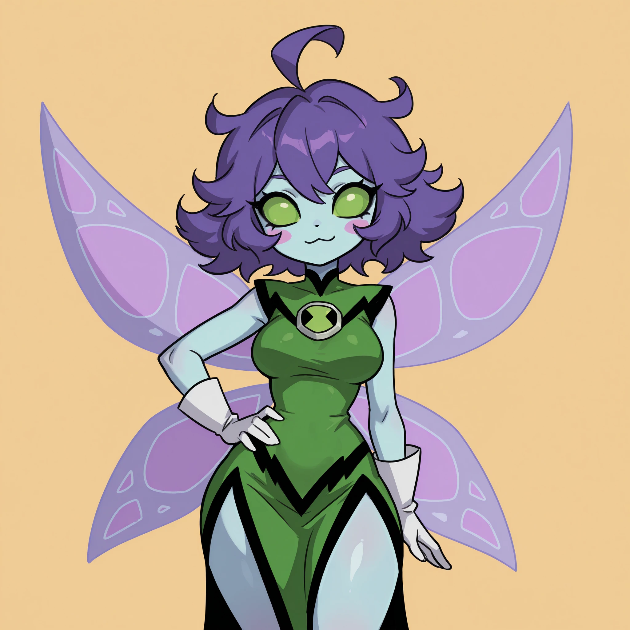 masterpiece, ultra-HD, impressionism, high detail, best quality, very aesthetic, 8K, best quality, beautiful, ultra-high resolution, 32K UHD, sharp focus, 1girl, solo, peskydust, short messy hair, purple hair, fluffy hair, ahoge, almond-shaped eyes, green sclera, no pupils, eyeless, black eyeliner, eyelashes, blush stickers, blue skin, fairy wings, medium breasts, narrow waist, wide hips, thick thighs, shapely legs, slim, petite, green dress, white gloves, mischievous, :3, cute, hand on hips, standing, looking at the viewer, simple background, front view