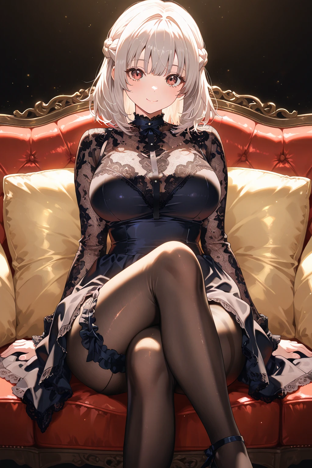 One young and beautiful woman,(Highest quality,Extremely detailed depiction,Incredibly absurd high resolution,Anatomically accurate depiction,A face with attention to detail, Eye for detail,Perfect body),Two curvaceous legs),(Glowing Skin,Shiny skin),Flower and willow woman,Gorgeous navy blue party dress,Shiny black pantyhose,eyelash,eye shadow,eyeliner,mascara,Luxury accessories,Earrings,Bracelet,Black high heels,Purple Eyes,(Looking down at me with a narrowed eye:1.3),(Condescending expression:1.3),Lift your chin,Glossy Lips,Sweat,whole body,sitting on a plush sofa with one's knees raised,resting one's arms on the back of the sofa,From below:1.3