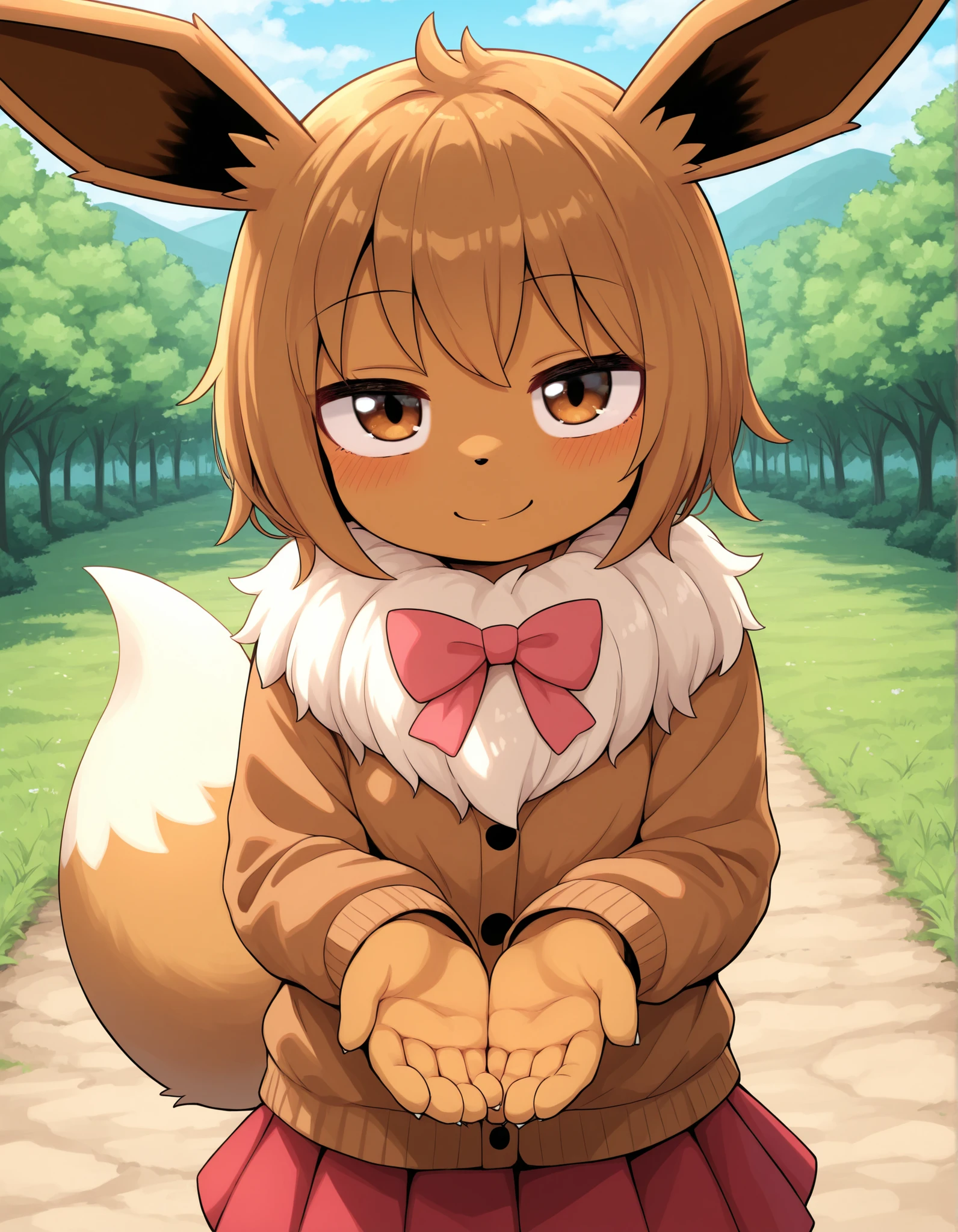 ldl,, pokekid, eevee, fluffy girl, furry girl, female, smile, smiling, has a big pretty bow in her hair, has animal paws for hands, 1girl, best quality, outdoors, high definition, cute,