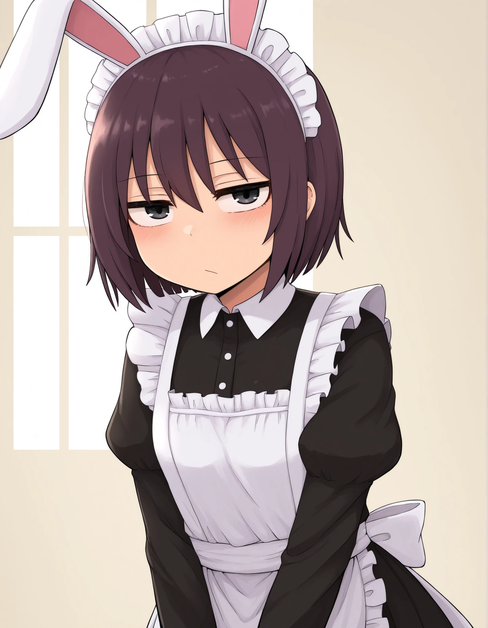 ldl,, solo, Maya Hell,black eyes,dark hair,bob cut,Maid Outfit、White Apron、White Headdress、 with rabbit ears、cafe