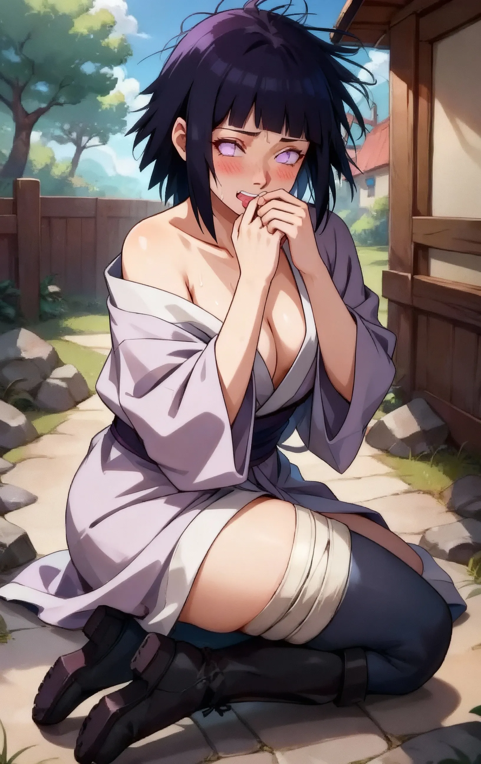 konan \(naruto\), solo, looking_at_viewer, 1girl, closed_mouth, labret piercing, looking at the viewer, ((())), bra, (((sitting on the table inside dark room))), night time, busty, , akatsuki robe with red clouds