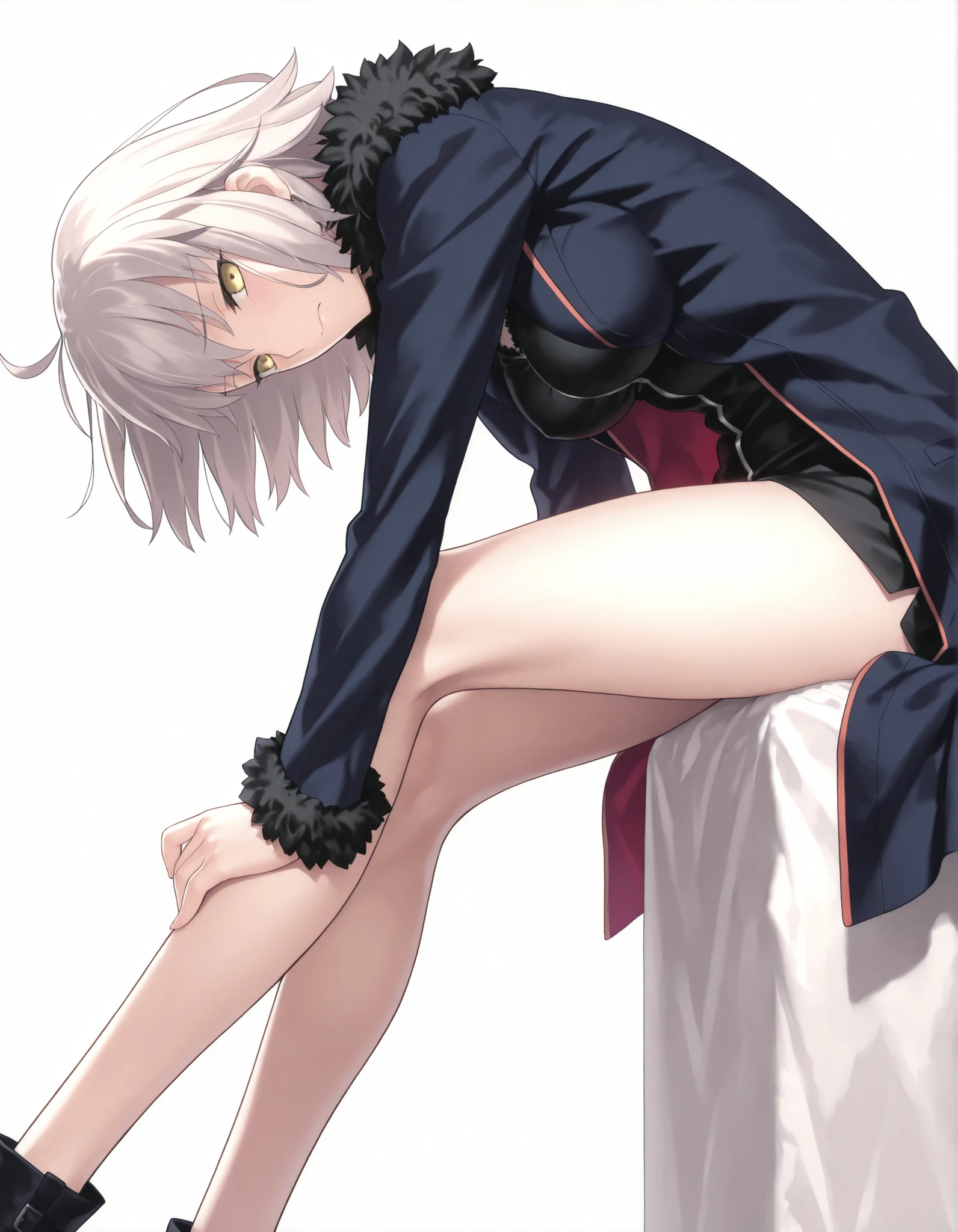 masterpiece, , absurdres, highres, detailed background, high resolution, masterpiece, necessary, detail, best quality, quality, necessary, details, High details, Precise, 8k, ,(white background, simple background), , from side, ,
1girl, , (type-moon) style, ,Takeuchi Takashi style, (aged up), long legs, (head tilt), white panties slip, , (),
very tall girl, girl, slim arms ,Jeanne d'arc alter shinjuku , short hair ,yellow eyes, half-closed eyes, light gray hair, ,sitting,one_knee,hand_on_own_knee,looking_at_viewer, , light embarrassed,,