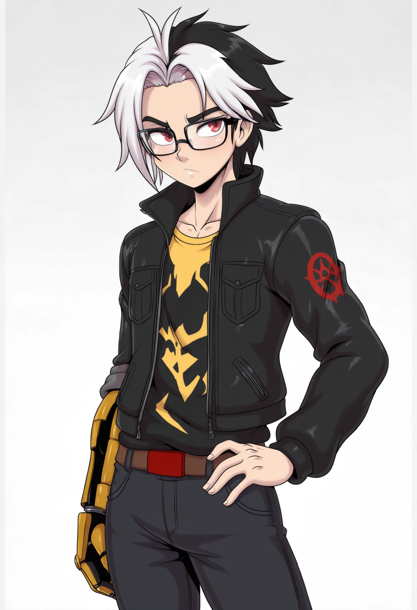 (solo), anime/manga style, best quality, high resolution, absurdres, BREAK, (adult), uploaded on danbooru, uploaded on e621, [by rick griffin:0.5], (by viviziepop), [by zeekzag], by sssonic2, [by mastergodai:0.2], [by chalo:0.32], by r-mk, [by joaoppereiraus:0.6], [by jrvanesbroek:0.4], glasses, red eyes, human, ((1boy, male)), Caucasian, young adult, solo, semi-casual expression, black jacket, yellow shirt, black jeans, side-parted hair fringe, short hair, black and white hair, two-tone hair, multi-colored hair, cybernetic ancient arm, 