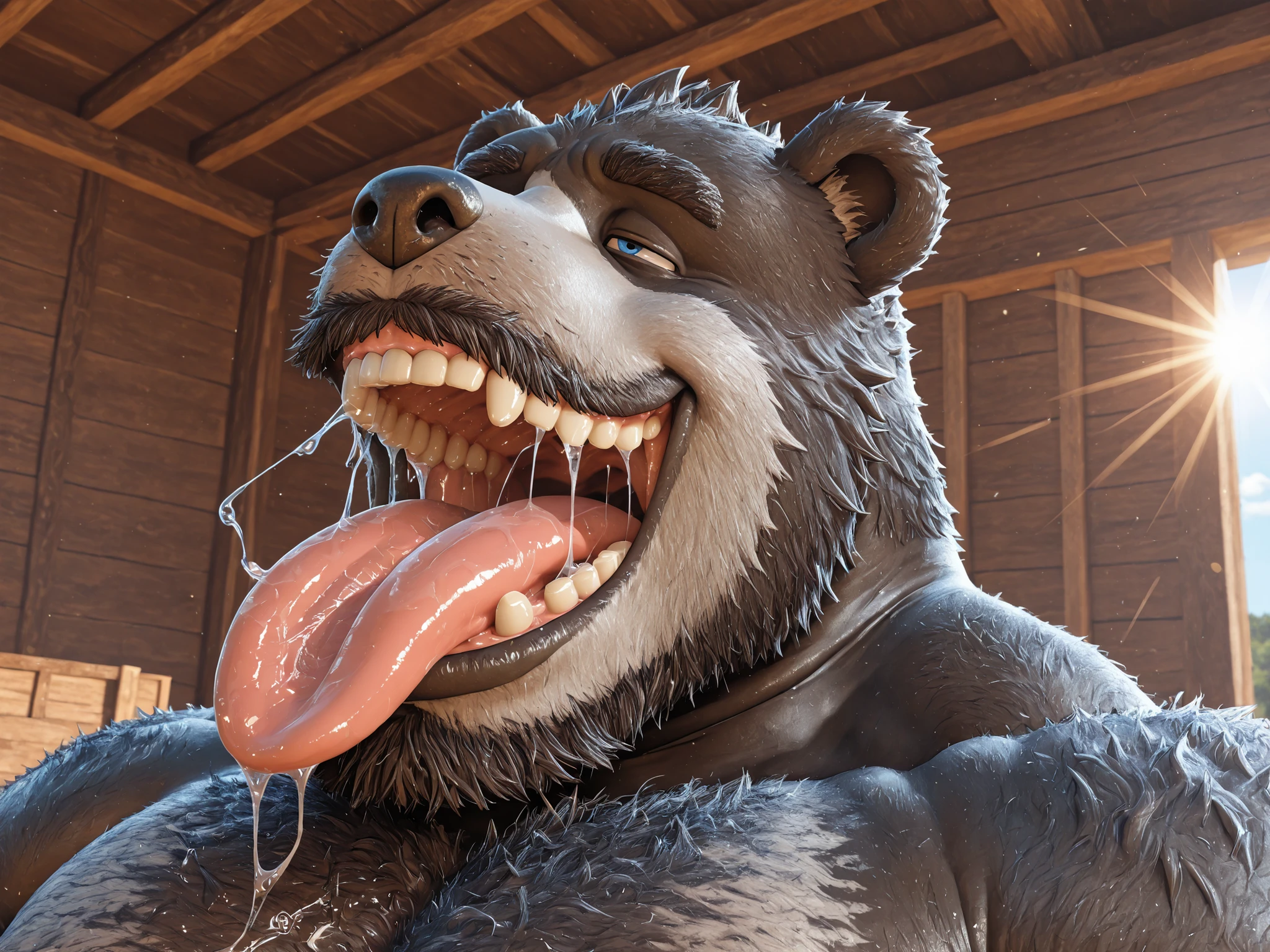 hairy, panda bear, has horns,chubby, thick arms , strong muscles ,chubby face, Black eyebrows,sky blue eyes,beard, ironic smile , chest and belly , ,lie down, Sunlight , he opens his big mouth and sticks out his thick and wide tongue, tongue with a lot of saliva, Open your mouth huge , there's a lot of saliva in your mouth , Open your mouth huge , sticks out all his tongue , your tongue is big and covered with saliva , he has too much saliva in his mouth , Open your giant mouth y sticks out all his tongue ancha, your tongue is huge and too wide ( 4k image) ( 3D image) ( man enters his head inside the gorilla's mouth) ( Tongue with a lot of saliva) ( tongue on top of a man's chest ) ( tongue licks a man's chest ) ( Open your giant mouth) ( thick lips ) ( opens all his huge mouth ) ( chest and face bathed in saliva ) ( Tongue licking man's chest )