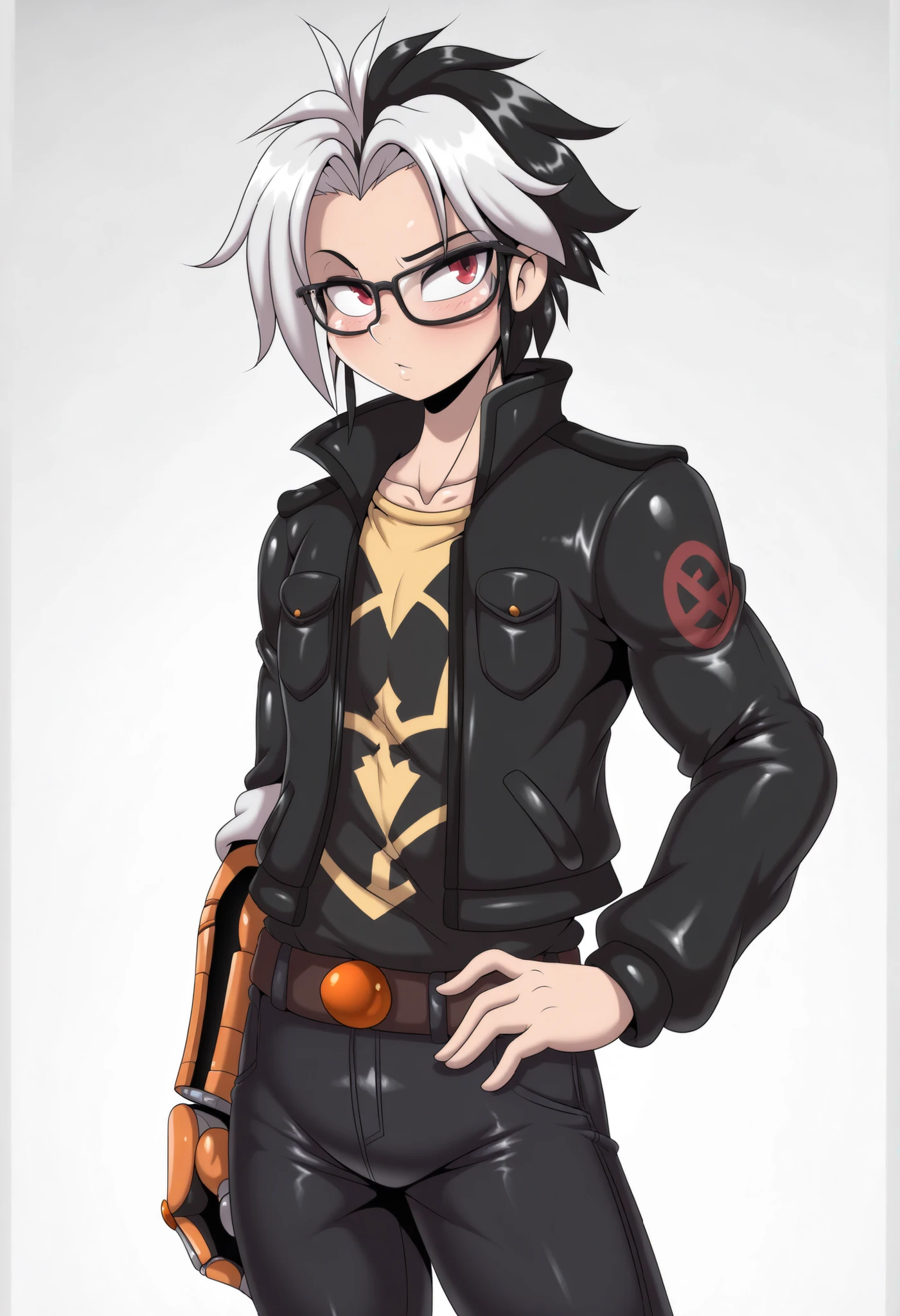 (solo), anime/manga style, best quality, high resolution, absurdres, BREAK, (adult), uploaded on danbooru, uploaded on e621, [by rick griffin:0.5], (by viviziepop), [by zeekzag], by sssonic2, [by mastergodai:0.2], [by chalo:0.32], by r-mk, [by joaoppereiraus:0.6], [by jrvanesbroek:0.4], glasses, red eyes, human, ((1boy, male)), Caucasian, young adult, solo, semi-casual expression, black jacket, yellow shirt, black jeans, side-parted hair fringe, short hair, black and white hair, two-tone hair, multi-colored hair, cybernetic ancient arm, 