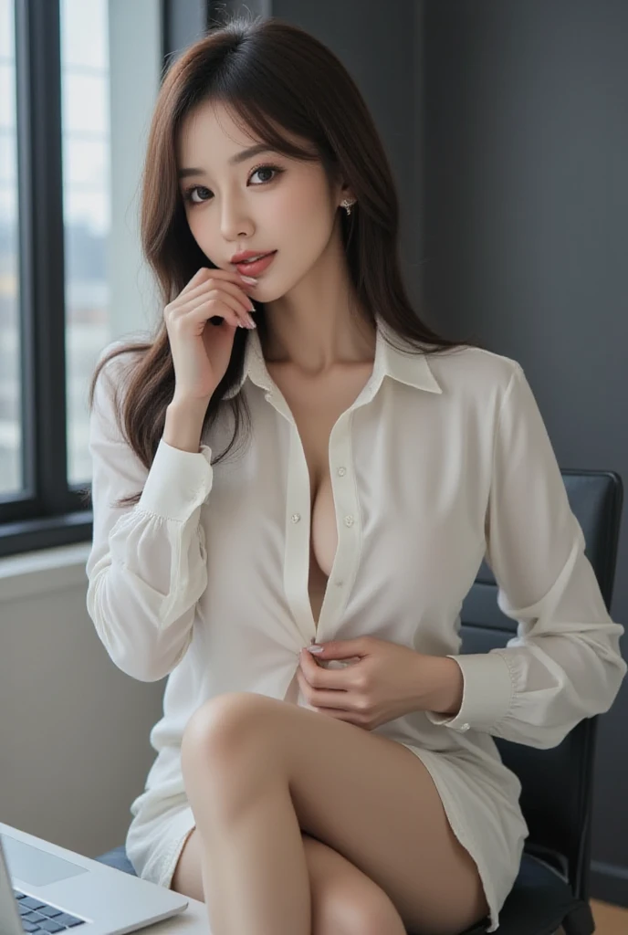 sitting at night bar, ( and business shirt, Thigh: 1.1), ((of the highest quality, 8K, masutepiece: 1.3, Raw photo)), Sharp Focus: 1.2, (1 AESPA Girl :1.1), (Solo: 1.18), (Realistic, Photorealistic: 1.37), (Face Focus: 1.1), Cute face, hyperdetailed face, Short messy hair, updo, (Small , flat : 1.3), flower, from below,Raise your arms