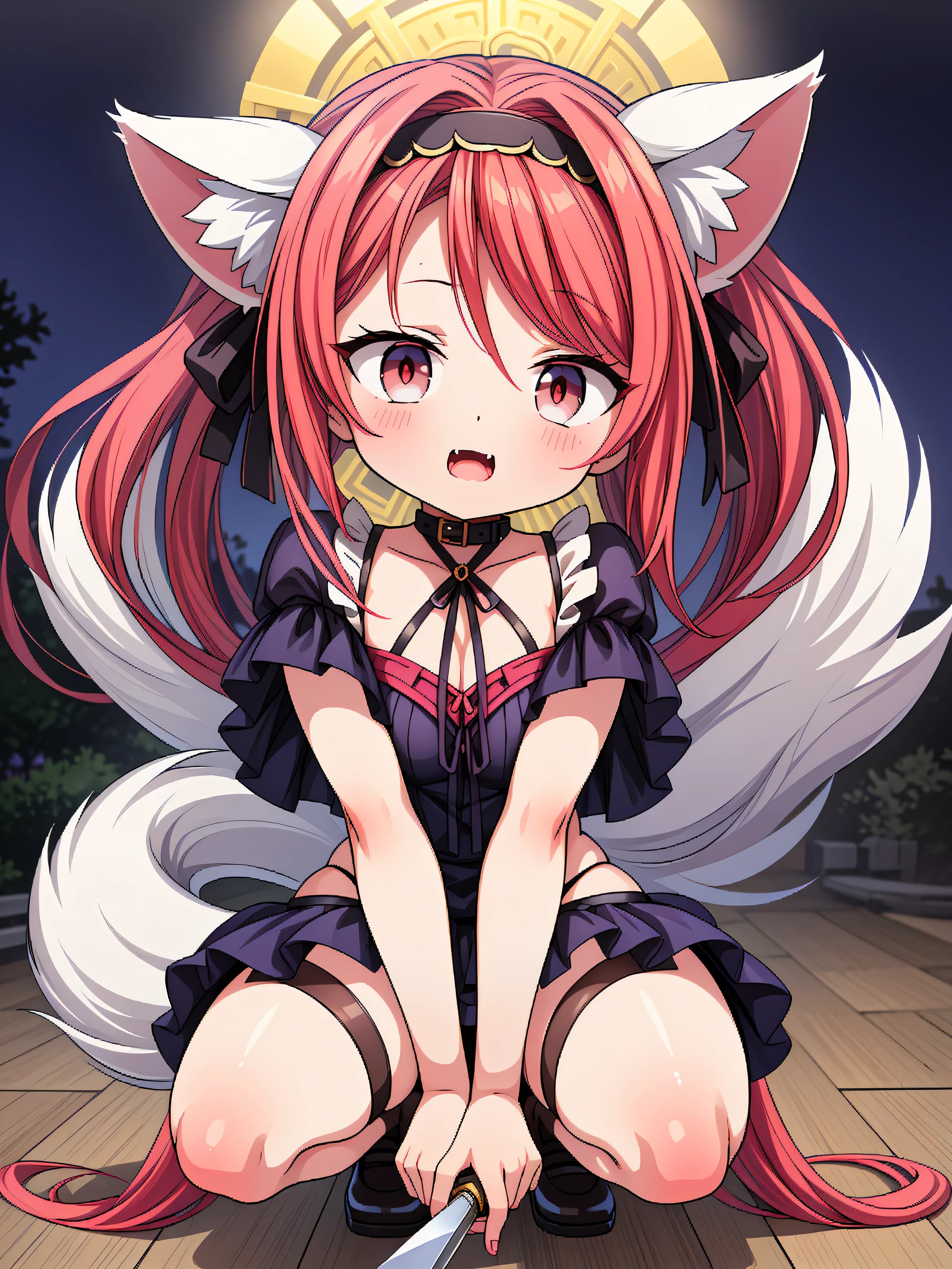 Highly detailed, high quality, masterpiece, beautiful, (all photo shooting), girl child student, evil face, squatting, back to back, legs spread, semi naked, perfect eyes, red eyes, light eyes, big thighs, medium chest, short stature, long wavy hair with braids, red hair, with headband, with wolf ears, with fangs, with halloween costume, with wolf tail, with a knife in her hand, with black stockings, with short miniskirt, shows full panties, sexy, background image in a pantheon at night