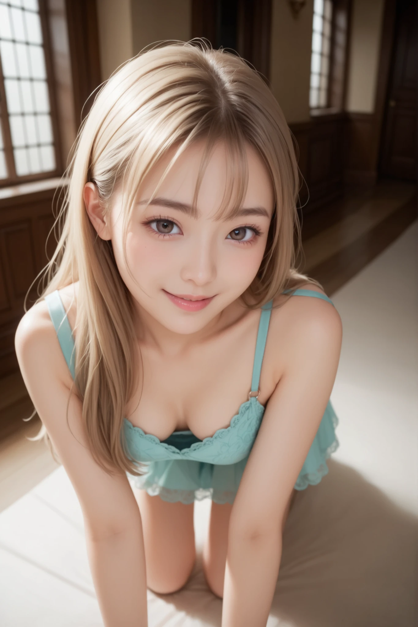 A realistic digital photograph of a young japanese girl. she has pretty small breasts. she has absolutely long hair over her hip, ash blonde hair, bang hair. bright brown eyes. she wears a  chiffon  dress, that looks comfortable and effortless, flowing softly around her as she moves. Shoulder straps are falling off.  her breasts are pretty small. warmful smiling softly. she is in a dim room of the old castle. at the night. The atmosphere is calm, dreamy, and intimate, Her look has a subtle model touch balanced with elegance and mystery. The overall tone is cinematic, softly radiant, and serene. on all fours. full body. her beautiful face and legs are carefully depicted. overhead view.
