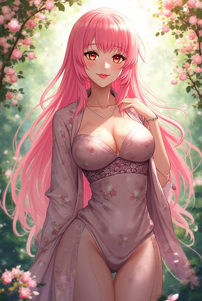  (masterpiece,     computer, mejor quality,    Clear focus, shadow, of the rays of God, ultra high resolution, 8K, pupils perfect anatomy, perfect face, (detailed face), (detailed eye), score_9, score_8_above, score_7_above, score_6_above, score_5_above, score_4_above, source_ lively, Label 1, Label2, quality_masterpiece,  Anatomically correct , beautiful face, perfect face, Beautiful and highly detailed face and eyes,    Attractive Face   , detailed face, rasgos faciales delicados, bare shoulders, enormes pechos, bra size D or DD, cuckold, gigantic butt, thick thighs. looking at the viewer. fantastic environment. anime-style illustration featuring an elegant, slim build and pronounced bust, with long pink hair, bright blue eyes, dressed in a floral kimono. She is standing under a cherry tree in full bloom, with petals falling around. The atmosphere is calm and spring-like, with soft lighting and pastel tones. Detailed and colorful art style.