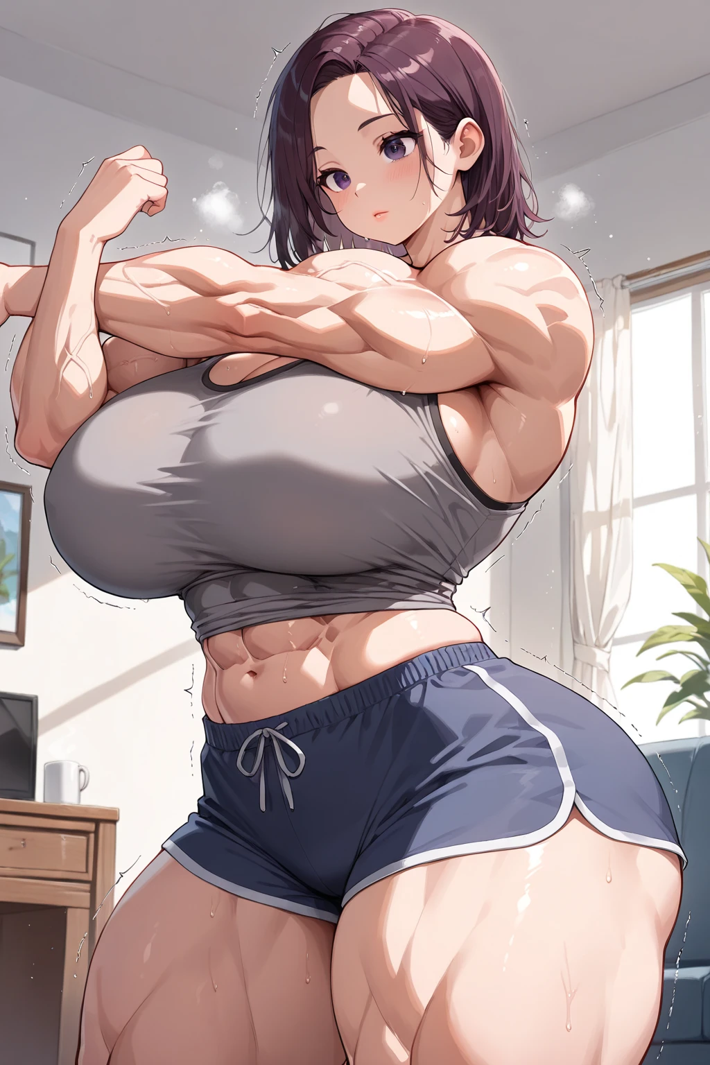 Hellen, 1 girl, ((bimbo))), long black hair, black eyes, puffy lips, thick lips, wide , thick thighs, huge , craving lust face , enormous huge natural , big , musclar,mature mom,  smile face, shiny skin, open mouth,  squeezed together, black hotpants, black top, showing her bulge,