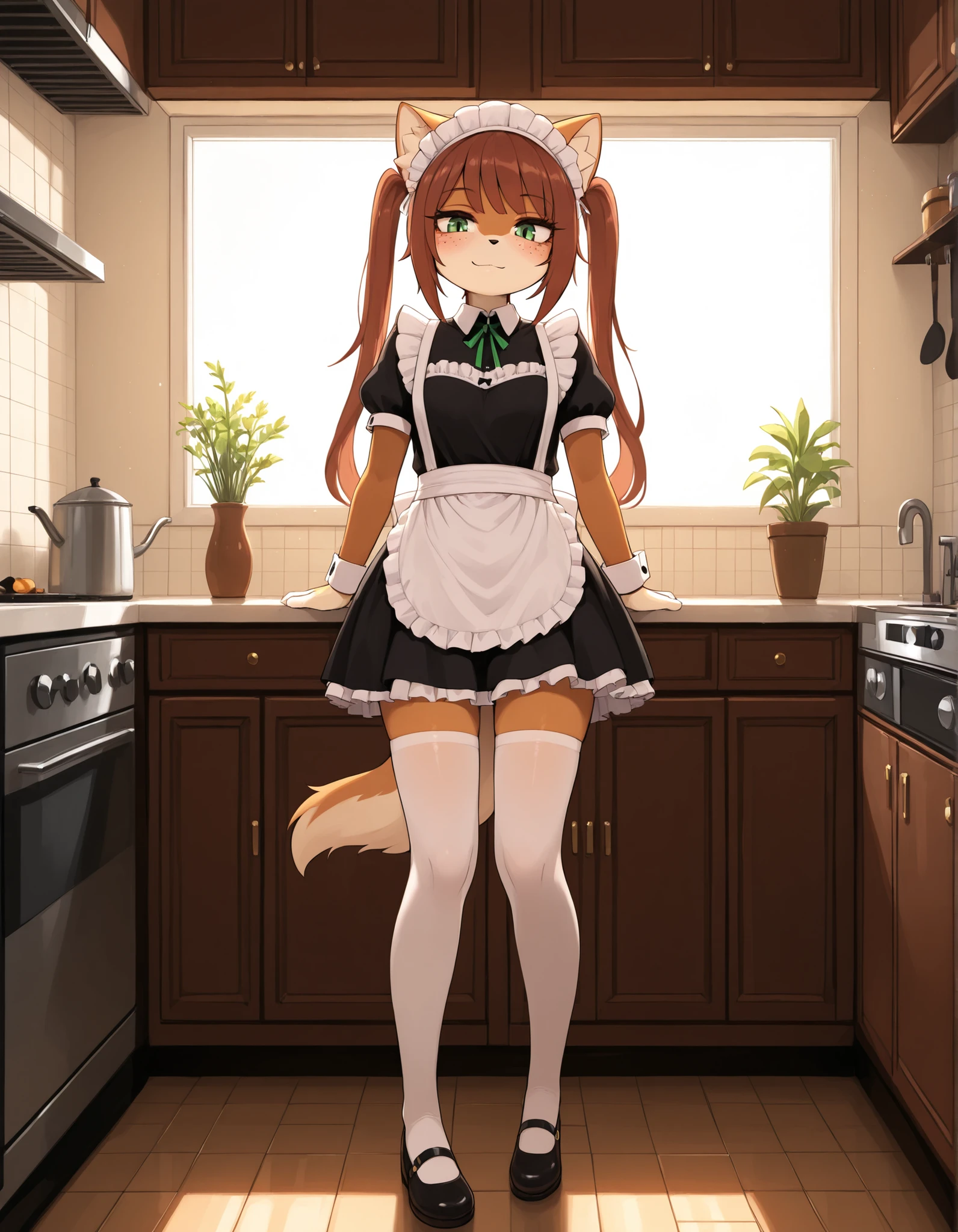ldl,, masterpiece, best quality,
indoors, kitchen, 
full body,long eyelashes,smile, maid,white thighhighs, maid headdress,
Rocketgirl, 1girl, solo, animal ears, furry female, tail, brown hair, long hair, green eyes, bangs,freckles, brown fur,full body, sidelocks, twintails, two-tone fur,