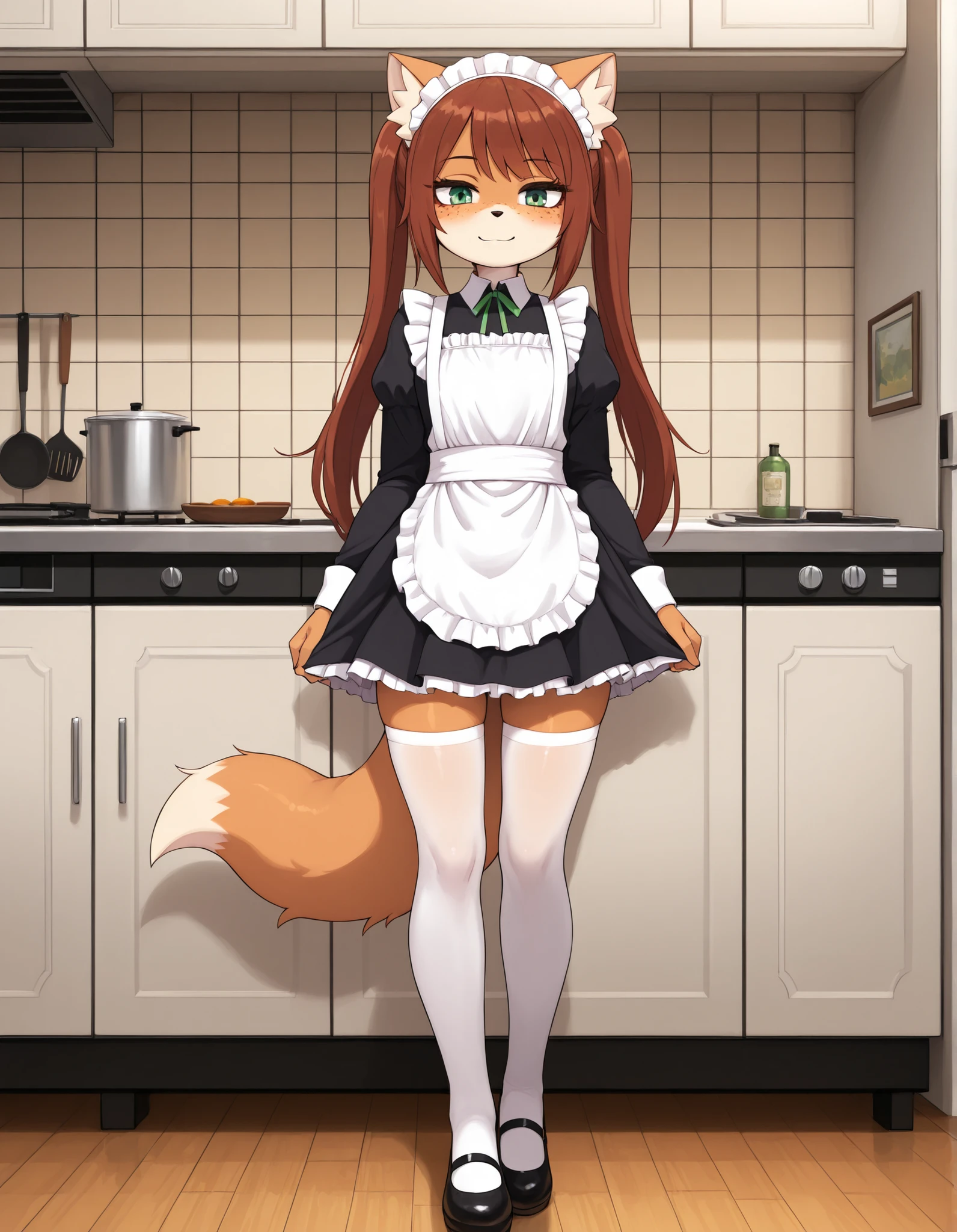 ldl,, masterpiece, best quality,
indoors, kitchen,
full body,long eyelashes,smile, maid,white thighhighs, maid headdress,
Rocketgirl, 1girl, solo, animal ears, furry female, tail, brown hair, long hair, green eyes, bangs,freckles, brown fur,full body, sidelocks, twintails, two-tone fur,