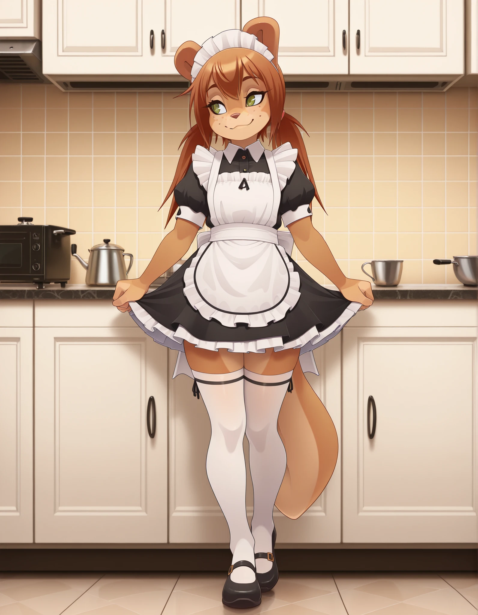 masterpiece, best quality, indoors, kitchen, full body,long eyelashes,smile, maid,white thighhighs, maid headdress, Rocketgirl, 1girl, solo, animal ears, furry female, tail, brown hair, long hair, green eyes, bangs,freckles, brown fur,full body, sidelocks, twintails, two-tone fur,