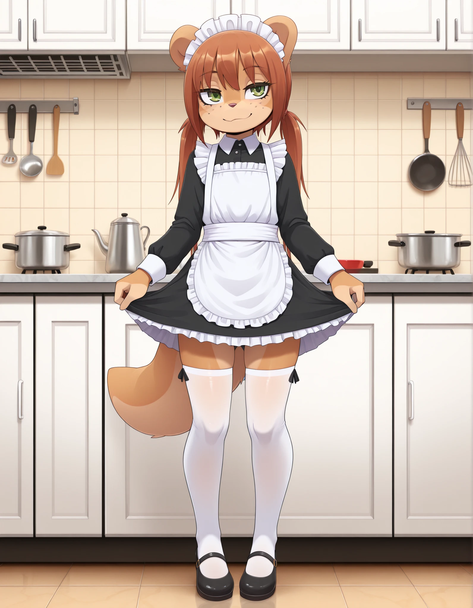 ldl,, masterpiece, best quality, indoors, kitchen, full body,long eyelashes,smile, maid,white thighhighs, maid headdress, Rocketgirl, 1girl, solo, animal ears, furry female, tail, brown hair, long hair, green eyes, bangs,freckles, brown fur,full body, sidelocks, twintails, two-tone fur,