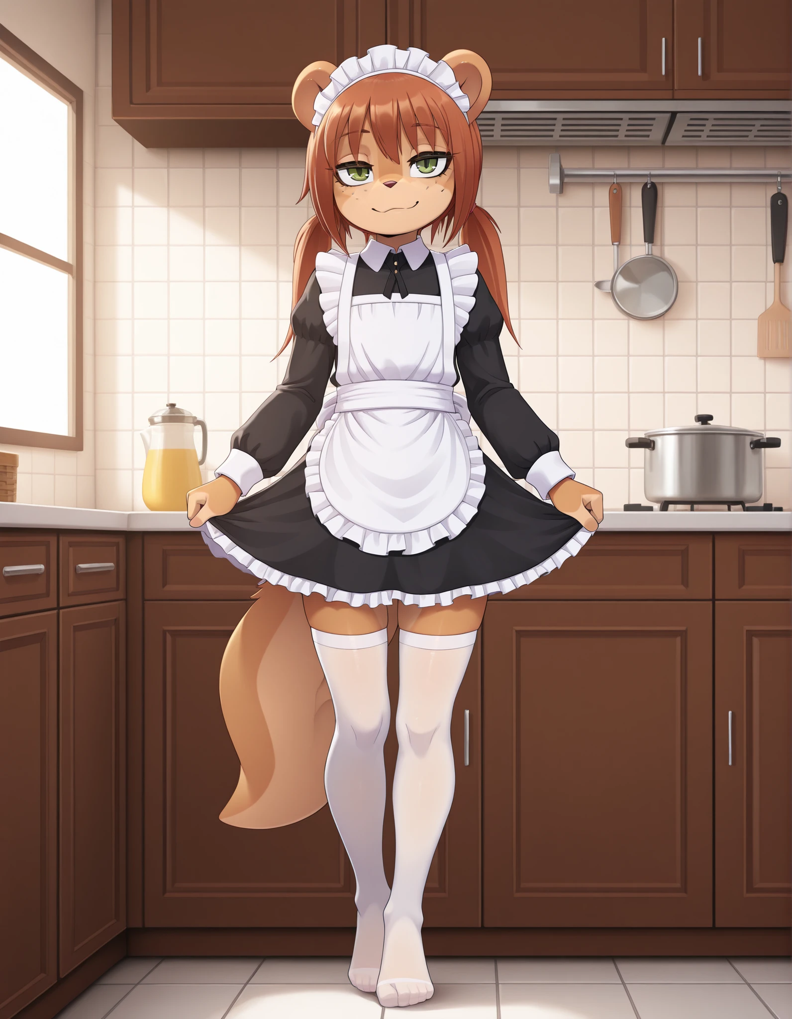 ldl,, masterpiece, best quality, indoors, kitchen, full body,long eyelashes,smile, maid,white thighhighs, maid headdress, Rocketgirl, 1girl, solo, animal ears, furry female, tail, brown hair, long hair, green eyes, bangs,freckles, brown fur,full body, sidelocks, twintails, two-tone fur,