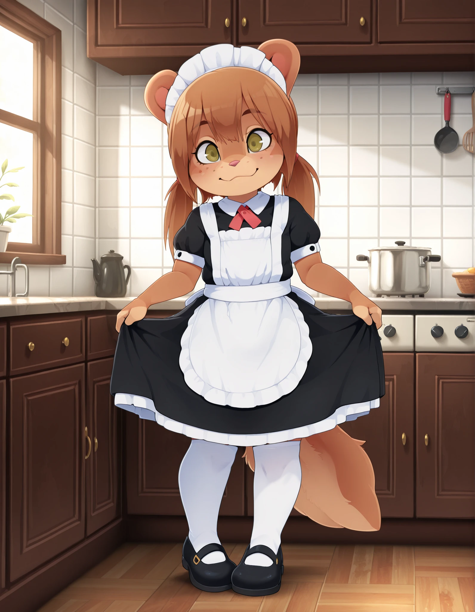 Dagashi,, masterpiece, best quality, indoors, kitchen, full body,long eyelashes,smile, maid,white thighhighs, maid headdress, Rocketgirl, 1girl, solo, animal ears, furry female, tail, brown hair, long hair, green eyes, bangs,freckles, brown fur,full body, sidelocks, twintails, two-tone fur,