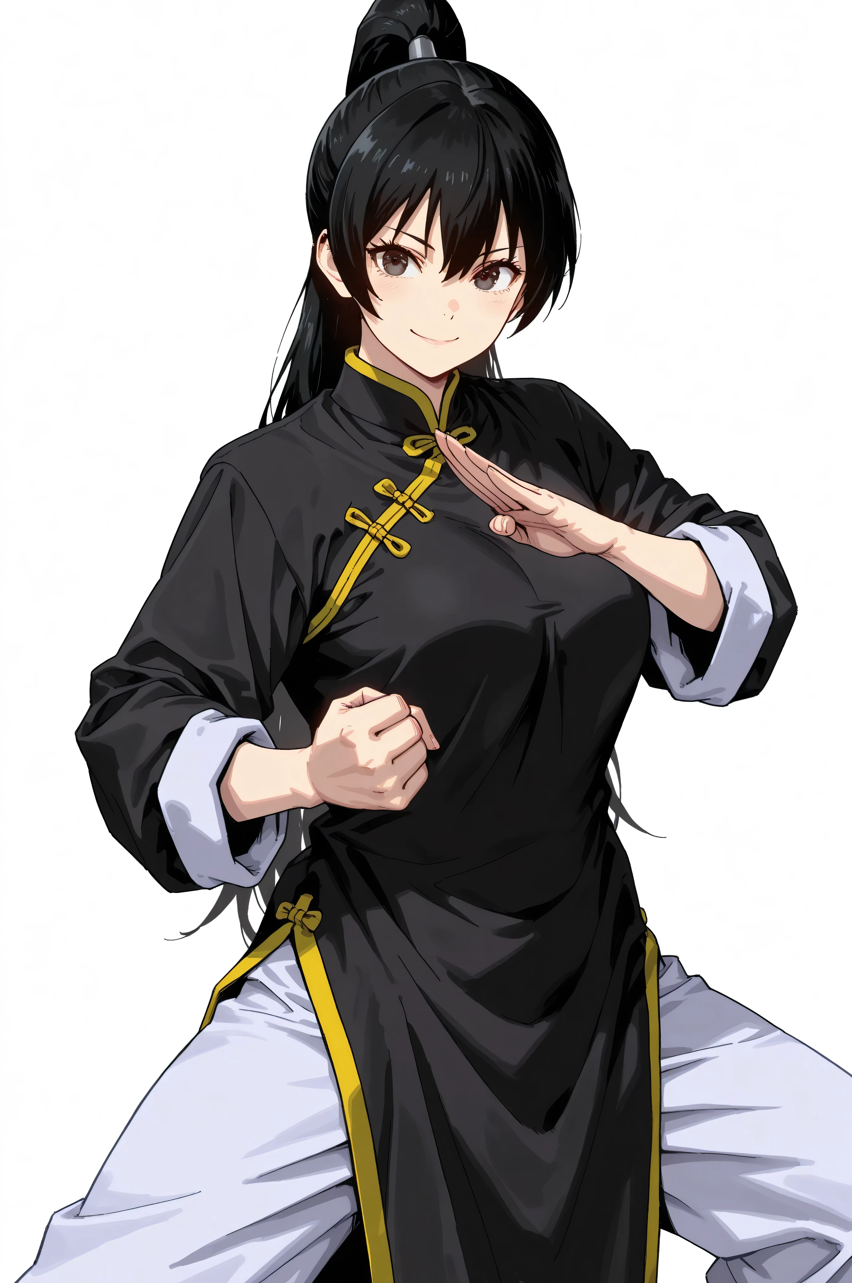 gsfghtr, multicolored robe, chinese clothes,KungFuUniform,score_9, score_8_up, score_7_up, gsfghtr, 1girl, smile serious, long ponytail, kohei horitoshi, white background, mature female, breasts, kung fu master, view from head to thigh, fist hand , offer other palm hand pose, kung fu stance, 