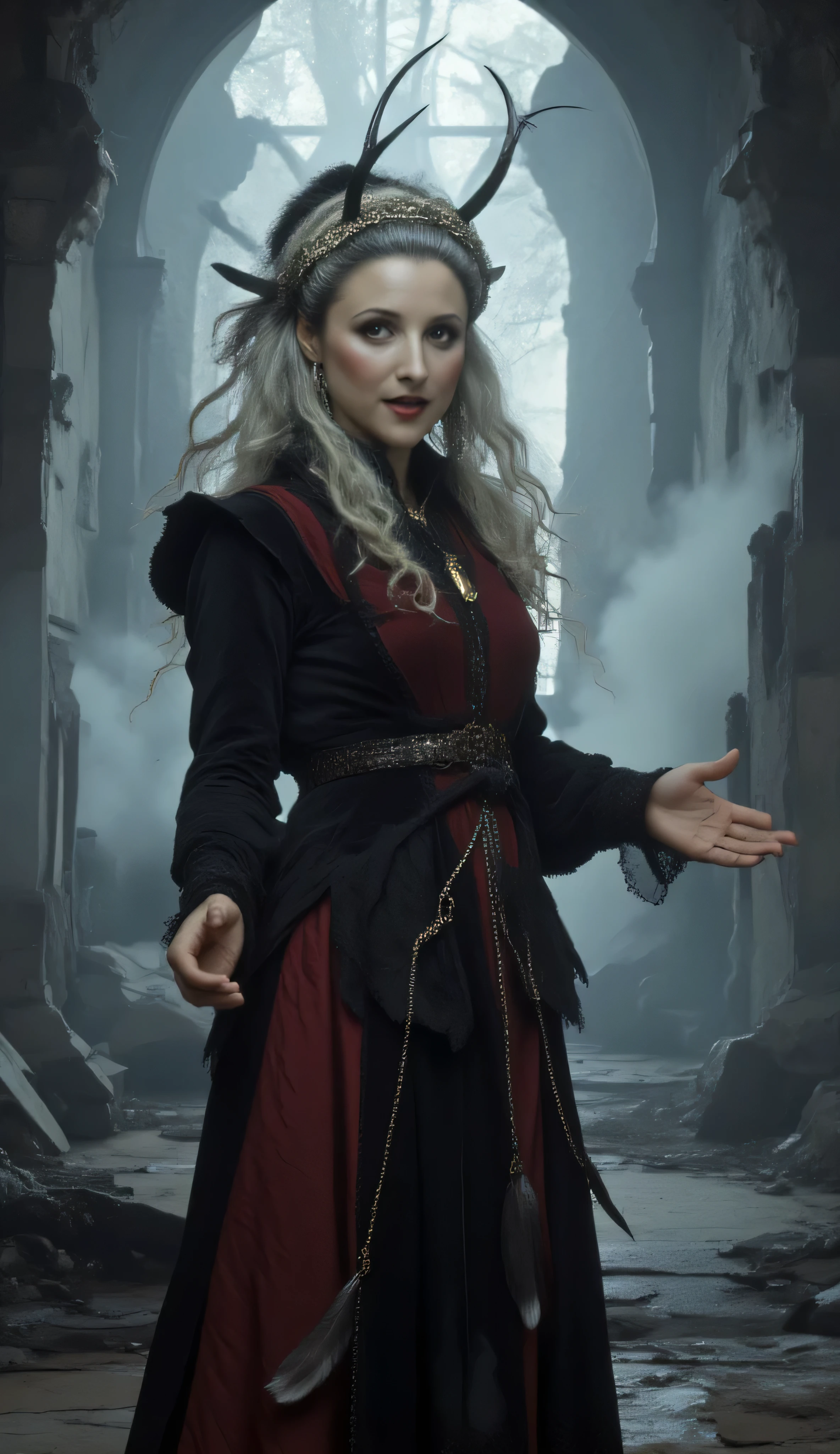 Julia Louis-Dreyfus as Flemeth, Dragon Age, cinematic fantasy portrait, powerful sorceress, stands, amidst swirling mist and ancient ruins, eyes glowing with arcane wisdom and hidden menace, silver-white hair flows freely, adorned with subtle braids and a crown of dark horns, wears an elegant yet battle-worn robe of crimson and black, decorated with feathers, regality and danger, dramatic and moody lighting, ethereal energy radiating from hands, immense magical power, realistic fantasy style, intricate textures, atmospheric depth, painterly finish, Dragon Age concept art