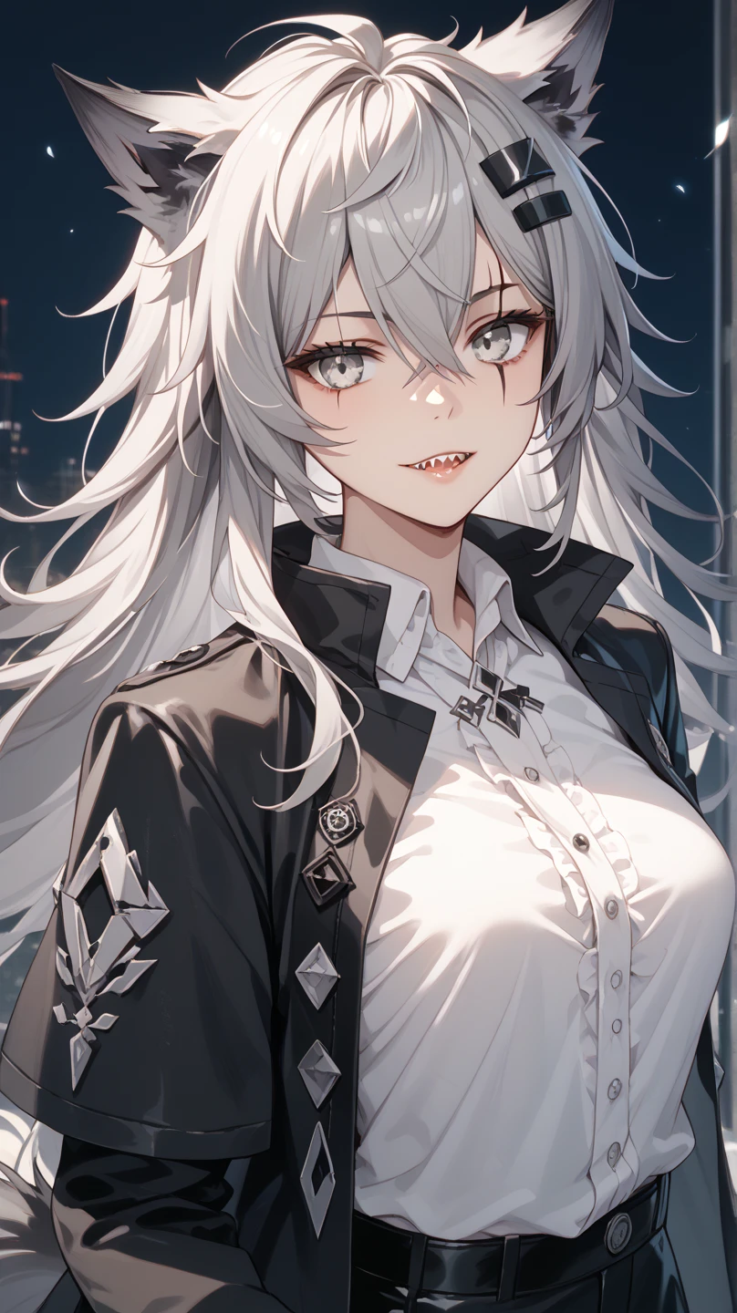 ((masterpiece)), ((Highest quality)), (Super detailed), ((Very detailed)), 4K, (8K), Highest quality, Highest quality, Anime Style,One girl, alone, Most detailed skin, Purple Velvet Camisole Dress, Black leather jacket with silver studs, Fishnet tights, Black stiletto boots, silver moon pendant necklace, //, Surprised expression, Girl with a troubled face, , ( expression), smile, blush, Red face, //, (Large ),  body, //,  High ponytail hairstyles, Lavender hair color, (Beautiful Eyes), Pink skin, //, Dark Alley, Rusty metal stairs and door, (Bold line:1.2),