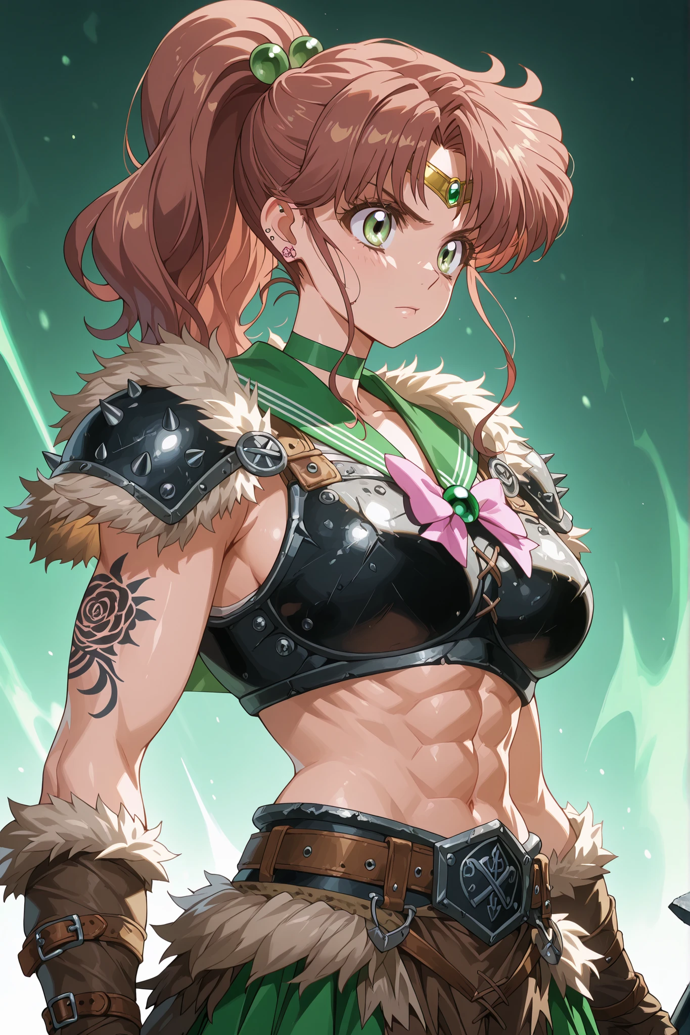 Masterpiece, 1girl, solo, sailor jupiter, medium hair, brown hair, high ponytail, hair ornament, sidelocks, green eyes, flower earrings, circlet, barbarian armor, fur trim, shoulder armor, belt, piercing, tattoo, armor, abs, , holding great sword, determined expression,