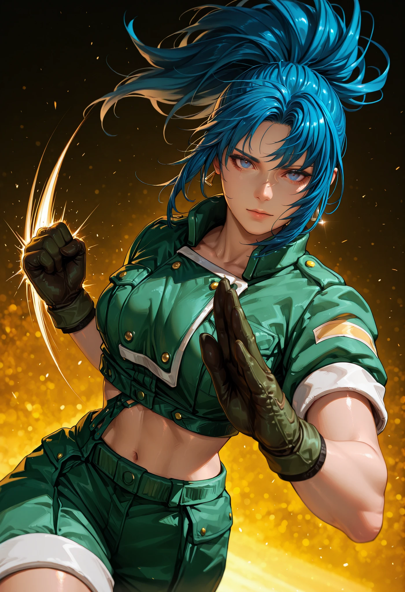 1 girl, Leona Heidern, blue eyes, blue hair, ponytail, pretty eyes, detailed eyes, gradient eyes, long eyelashes, beautiful eyes, beautiful face, perfectly symmetrical face, delicate and harmonious features, face with golden ratio, beautiful hair, realistic skin with natural texture, medium breasts, good anatomy, anatomically correct hands, gloves, jacket, crop top, shorts, green jacket, green shorts, standing, looking at the viewer, abstract background, in an attack stance, performing a punching motion, Dutch angle, depth of field, meticulous details, tense atmosphere, high quality, masterpiece, realistic photography