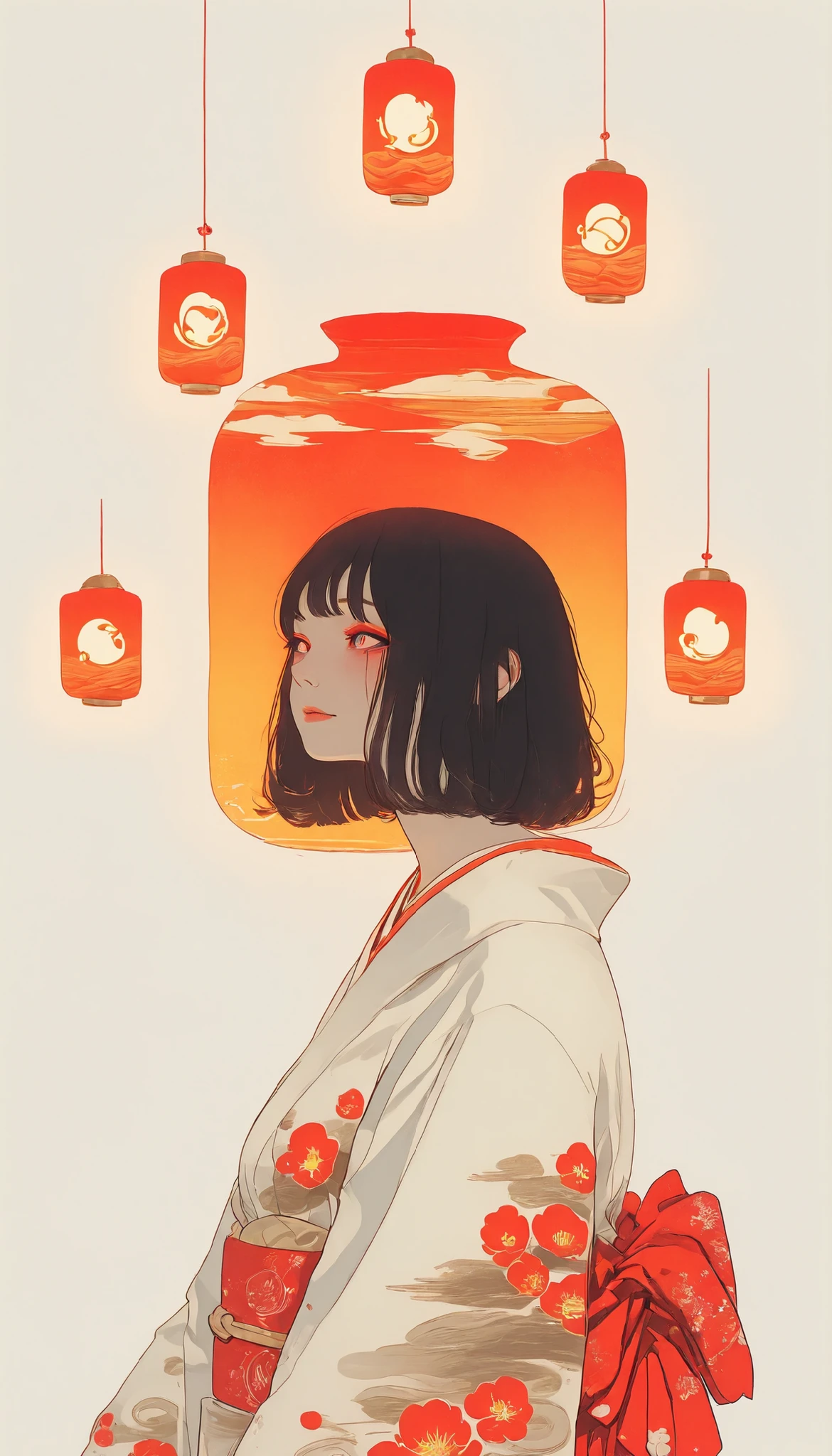 A young woman, seen from the back, is gracefully captured in an interior setting rich with warm ambiance and soft lighting. She wears a traditional Japanese kimono featuring vibrant red and white floral patterns that complement the surrounding decor. Her dark hair is elegantly styled with decorative red flowers. The scene is adorned with delicately glowing lanterns and ethereal orange-gold fish seemingly suspended in the air, creating a surreal, dreamlike atmosphere. The lanterns cast a soft, inviting glow, enhancing the sense of calm and contemplative warmth. The harmonious combination of colors - vivid reds, soft oranges, and warm tones from the lanterns - evokes a festive yet serene mood, blending traditional elements with artistic fantasy. The composition reflects both cultural elegance and a peaceful, almost meditative environment.