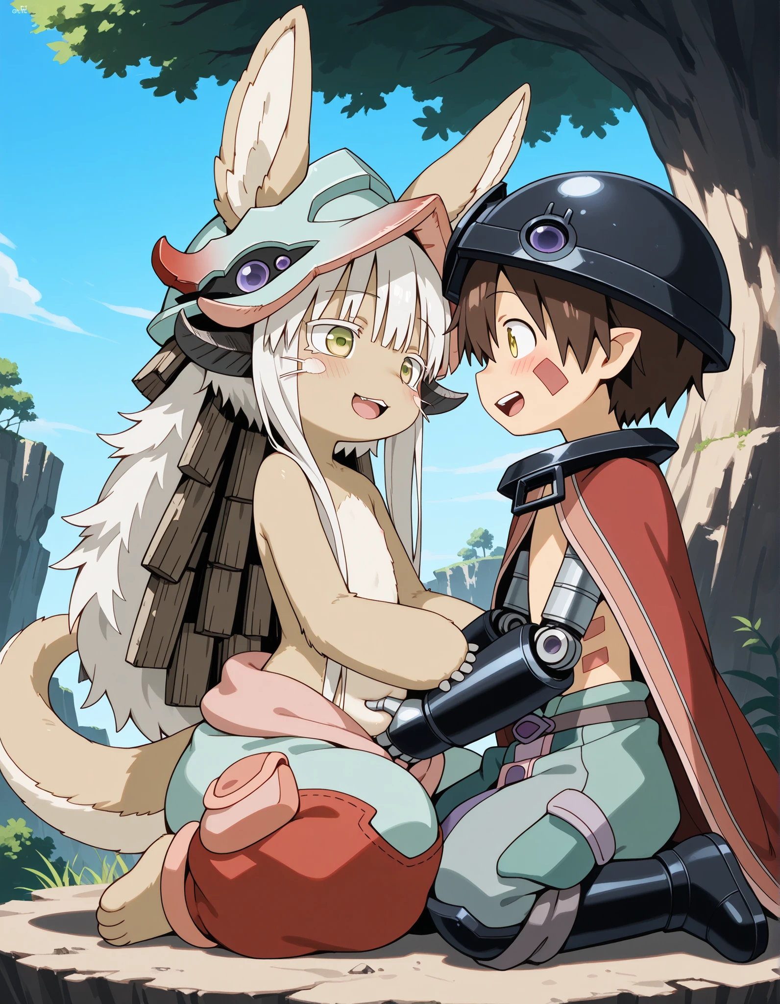 ((top quality)), ((masterpiece)), 16k, ((One girl and one boy))、
BREAK,
Girl Appearance: nanachi (made in abyss), green eyes,white hair,long hair,furry,animal ears,ears through headwear,helmet,tail,puffy pants、She's Sitting、she's very blushing、She's laughing shyly、she tries to pull the boy away from her body with one hand、
BREAK,
Boy appearance: Reg, mad in abyss, male focus, brown hair, yellow eyes, helmet, mechanical arms, red markings, cape、He is hugging the girl's stomach、he makes face contact with the girl's stomach、 He's Laughing 、
topless male、
BREAK,
He's on the plateau on a cliff、Under the tree、with ruins in the distance、Blue Sky