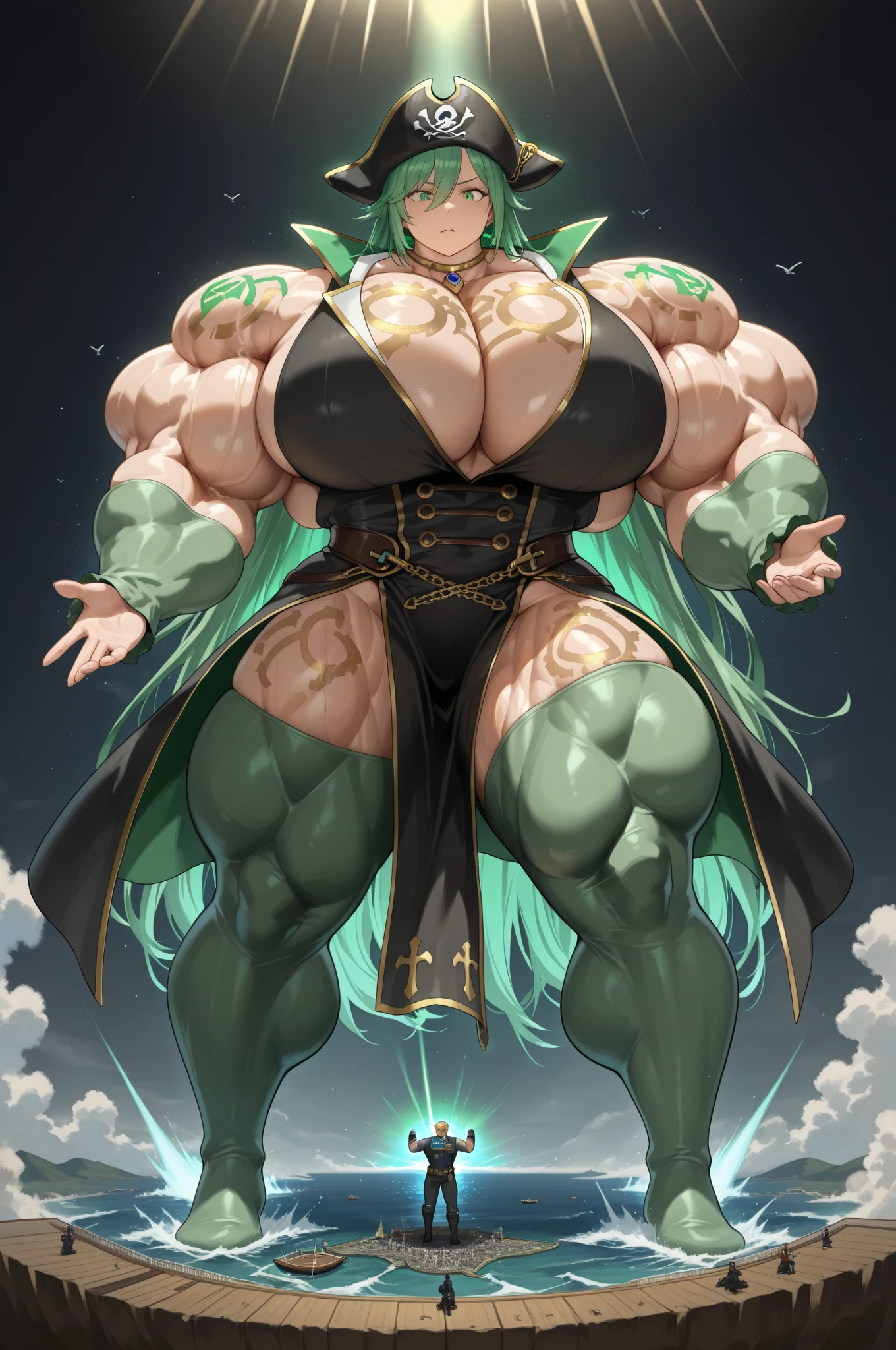 ((alexandra daddario in insanely intricate Demonic sorceress Outfit)), (((((massive female bodybuilder))))), ((with pale skinned and large blue eyes)), ((dark-green wavy-long haired)), ((huge and heavy ???????, curvy, huge and wide waist, huge ????????, showing armpits)) indoors, dark-fantasy palace, looking at viewer, (((masterpiece, best quality, 8k)))