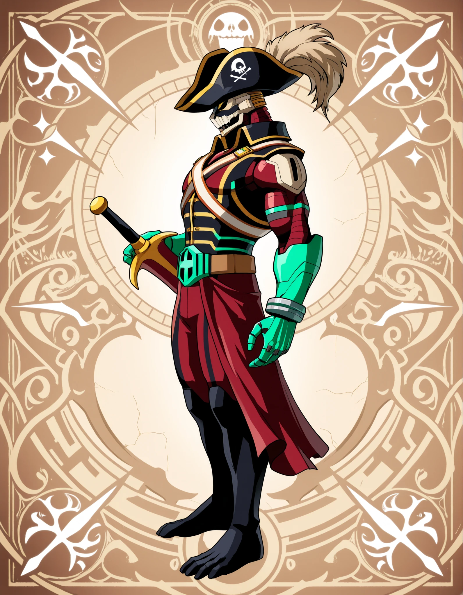 ((Highest Quality)), ((Spaceship Background)), (My Hero Academia Style), standing, 1male, Male, mature Male, solo, slender body, athletic body, slim body, standing, Full Body, Tokusatsu villain, Tokusatsu monster, Tokusatsu Character, (Cyborg Pirate Monster), cyborg Pirate form, cyborg Pirate monster, monster form, dark red and brown monster, neon green and Golden monster, cyborg form, mutant form, mutant monster, Pirate monster, Pirate form, cyborg monster, cyborg form, Pirate face, Pirate head, cyborg body, (Pirate body), ((Pirate's clothes)), Pirate's sword, (Pirate's outfit), from above, from side, indoor, spaceship indoor, spaceship background, ((pirate's headwear hat on)),