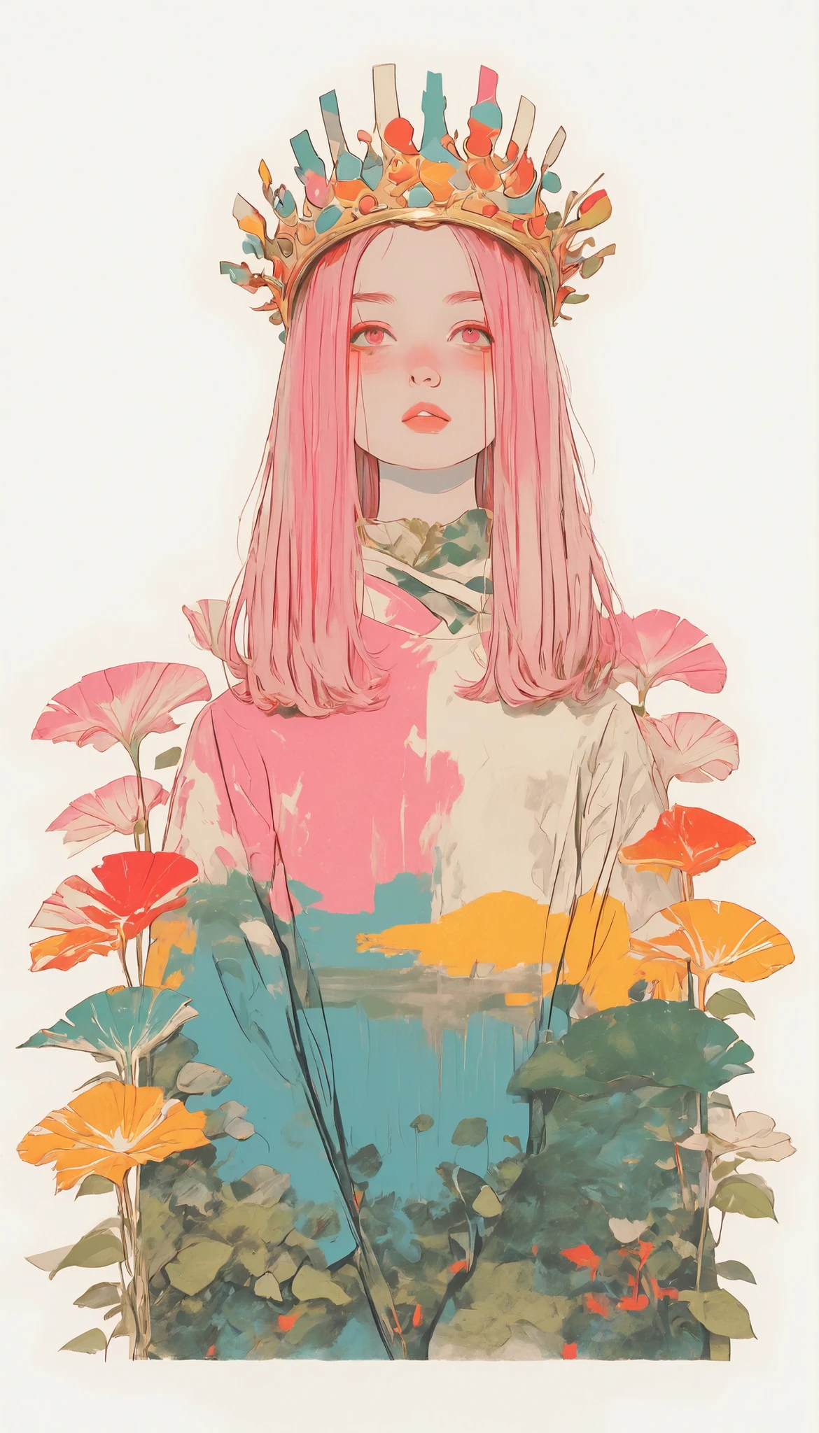 green々Gentle brush strokes convey a sense of movement and fluidity, Colorful Leaves. The crown is composed of various leaves、flower that draws a green palette, Blues, Yellow, and、with hints of red and pink, gives an impression of natural beauty and vibrancy. detailed leaves enhance the artistic appeal of the entire simple, white background, looks at the crown itself. is this figure、The person adorned with a crown is drawing vivid and artistic illustrations {x} wearing an abstract patterned shirt using strokes in a wide range of colors like orange, Blues, The green, echoing the hues of the foliage above. The bright, soft colors reflect the color of the leaves above the、suggests a fusion of whimsy and nature, , which has an intricate design similar to 、sprinkled with hints of red and pink, work.