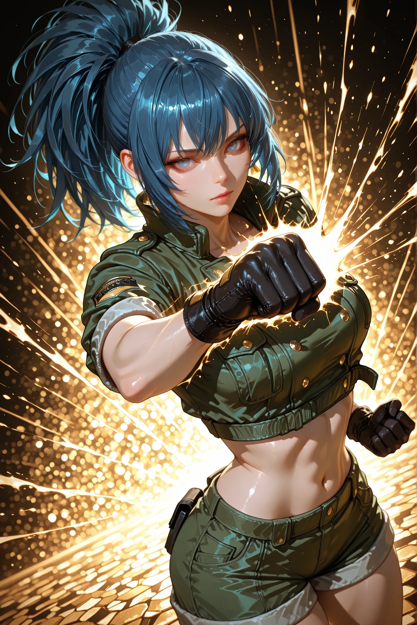1 girl, Leona Heidern, blue eyes, blue hair, ponytail, pretty eyes, detailed eyes, gradient eyes, long eyelashes, beautiful eyes, beautiful face, perfectly symmetrical face, delicate and harmonious features, face with golden ratio, beautiful hair, realistic skin with natural texture, medium breasts, good anatomy, anatomically correct hands, gloves, jacket, crop top, shorts, green jacket, green shorts, standing, looking at the viewer, abstract background, in an attack stance, performing a punching motion, Dutch angle, depth of field, meticulous details, tense atmosphere, high quality, masterpiece, realistic photography