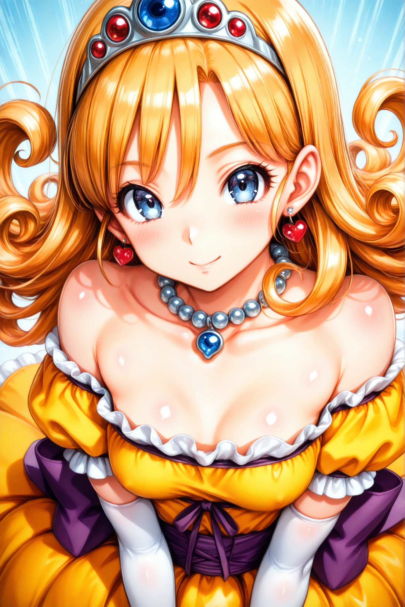 (Ultra Detailed),upper body､Prairie
(masterpiece),(Highest Quality),anime ､pastel color,anime,shiny skin,Dragon Quest,Lola,Princess,detailed and beautiful blonde hair,LONG HAIR,curl hair,unkempt bangs,Between bangs and eyes,tiara,hair ornaments,floating hair､Beautiful Blue Eyes,Lashes,詳細で美しいgem,gem,ear piercing,Detailed and Beautiful Collarbone Line,fine beautiful bare shoulders,medium chest,Detailed beautiful clavicle,
 heart earrings,braley to imasa,青いgem,pearl necklace,long sleeve,white gloves,elbow gloves,puffy Short sleeve,puff sleeve to put on your stomach,Short sleeve,Juliet Sleeves,yellow dress,dress,frilled dress,belt,waist ribbon  ,purple waist ribbon ,long skirt,purple footwear,long skirt,1girl,solo,pompom skirt,


