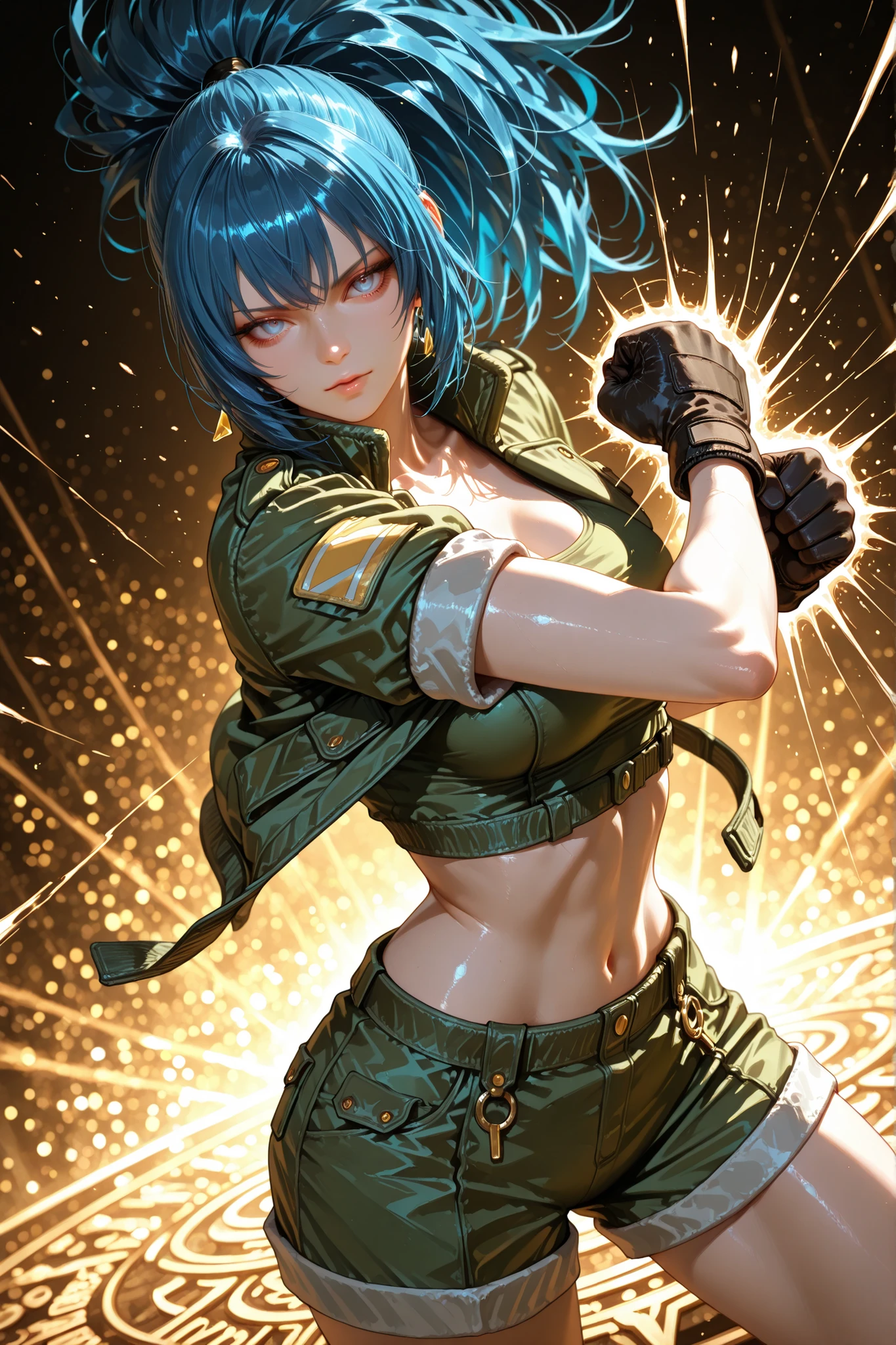 1 girl, Leona Heidern, blue eyes, blue hair, ponytail, pretty eyes, detailed eyes, gradient eyes, long eyelashes, beautiful eyes, beautiful face, perfectly symmetrical face, delicate and harmonious features, face with golden ratio, beautiful hair, realistic skin with natural texture, medium breasts, good anatomy, anatomically correct hands, gloves, jacket, crop top, shorts, green jacket, green shorts, standing, looking at the viewer, abstract background, in an attack stance, performing a punching motion, Dutch angle, depth of field, meticulous details, tense atmosphere, high quality, masterpiece, realistic photography