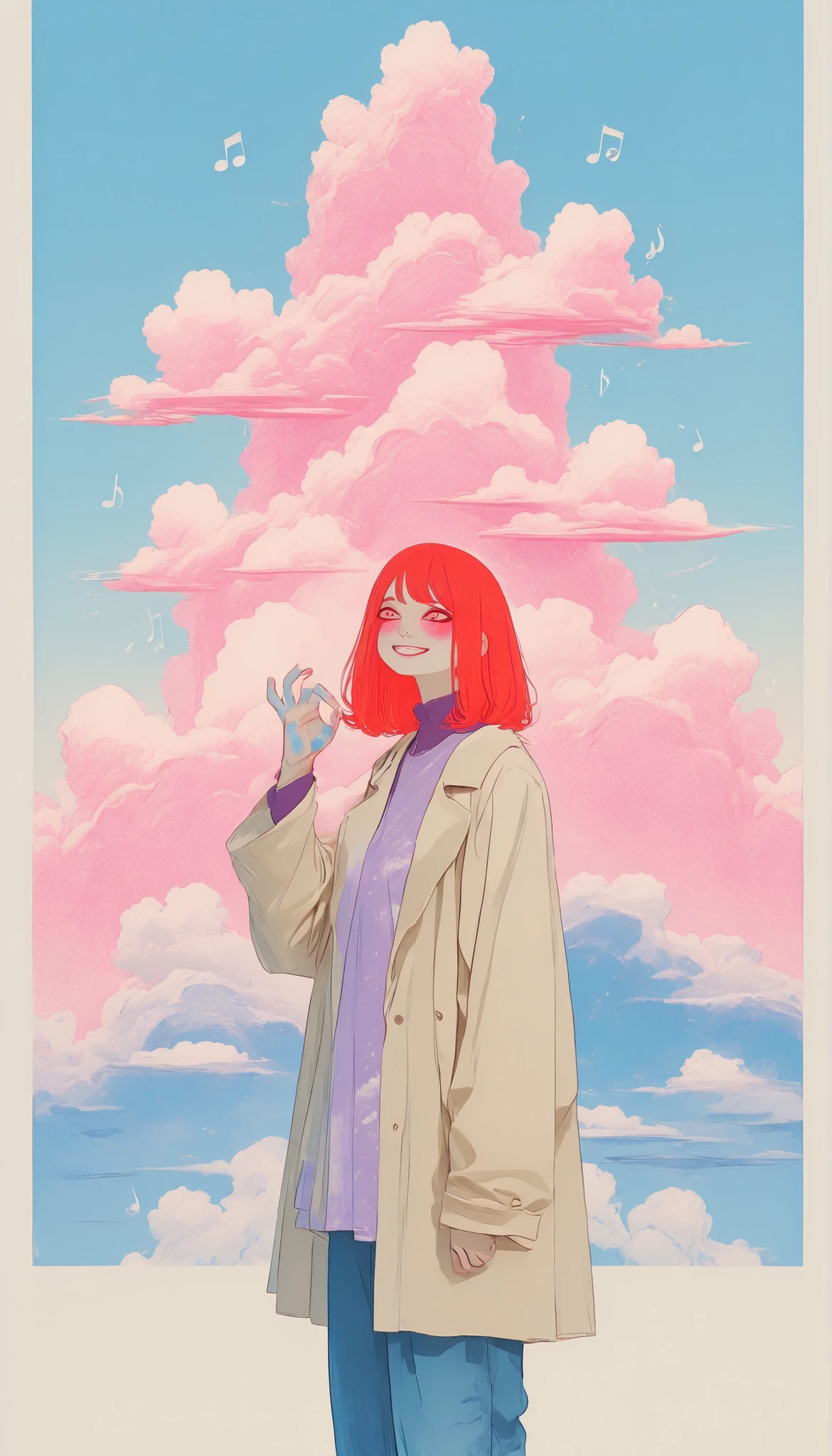 A person stands gracefully against a backdrop of towering clouds, their arms outstretched in a gesture of exuberant freedom. The individual is dressed in a beige trench coat over layered clothing—a deep purple shirt and loosely hanging blue jeans, which add to the whimsical character of the image. Their face is painted vividly, reminiscent of clown makeup, with a bright red smile and accentuated eyes, suggesting themes of joy and theatricality. Surrounding the person, musical notes and clefs float and dance through the air, adding a dynamic energy to the scene. The sky is a pastel canvas, with soft pink and blue hues blending effortlessly, creating a dreamlike atmosphere. Light casts serene shadows across the image, enhancing the composition's ethereal quality. The overall mood evokes a sense of liberation and delight, with visual elements that are both playful and surreal.