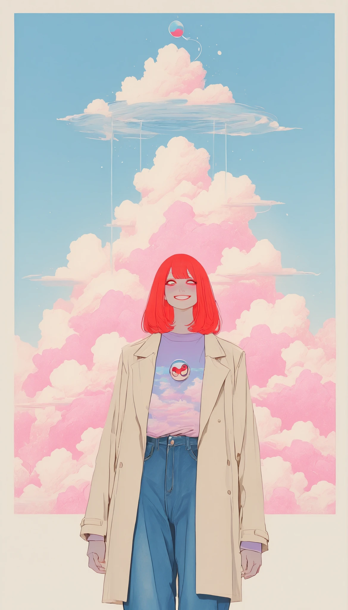 A person stands gracefully against a backdrop of towering clouds, their arms outstretched in a gesture of exuberant freedom. The individual is dressed in a beige trench coat over layered clothing—a deep purple shirt and loosely hanging blue jeans, which add to the whimsical character of the image. Their face is painted vividly, reminiscent of clown makeup, with a bright red smile and accentuated eyes, suggesting themes of joy and theatricality. Surrounding the person, musical notes and clefs float and dance through the air, adding a dynamic energy to the scene. The sky is a pastel canvas, with soft pink and blue hues blending effortlessly, creating a dreamlike atmosphere. Light casts serene shadows across the image, enhancing the composition's ethereal quality. The overall mood evokes a sense of liberation and delight, with visual elements that are both playful and surreal.