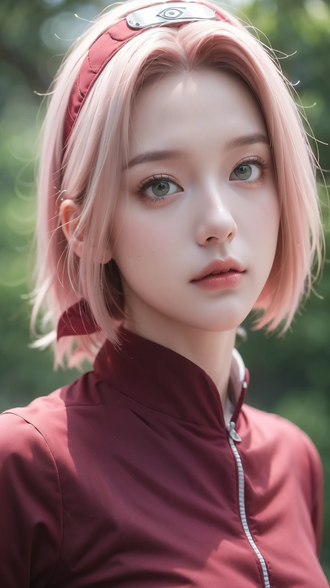 Haruno Sakura from Naruto Shippuden, half-body portrait, realistic and ultra-detailed style, HD quality. Beautiful young woman with short pink hair, green eyes, and a determined expression. Wearing her classic red ninja outfit with the Konoha headband on her forehead. Soft natural lighting, detailed skin texture, lifelike eyes, realistic hair strands, cinematic depth of field, professional studio-quality portrait, ultra HD, super detailed, 8K realism