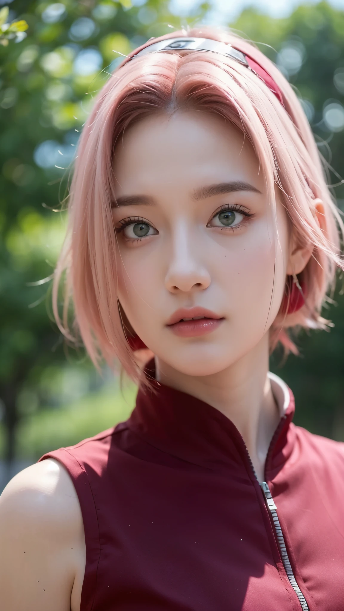 Haruno Sakura from Naruto Shippuden, half-body portrait, realistic and ultra-detailed style, HD quality. Beautiful young woman with short pink hair, green eyes, and a determined expression. Wearing her classic red ninja outfit with the Konoha headband on her forehead. Soft natural lighting, detailed skin texture, lifelike eyes, realistic hair strands, cinematic depth of field, professional studio-quality portrait, ultra HD, super detailed, 8K realism