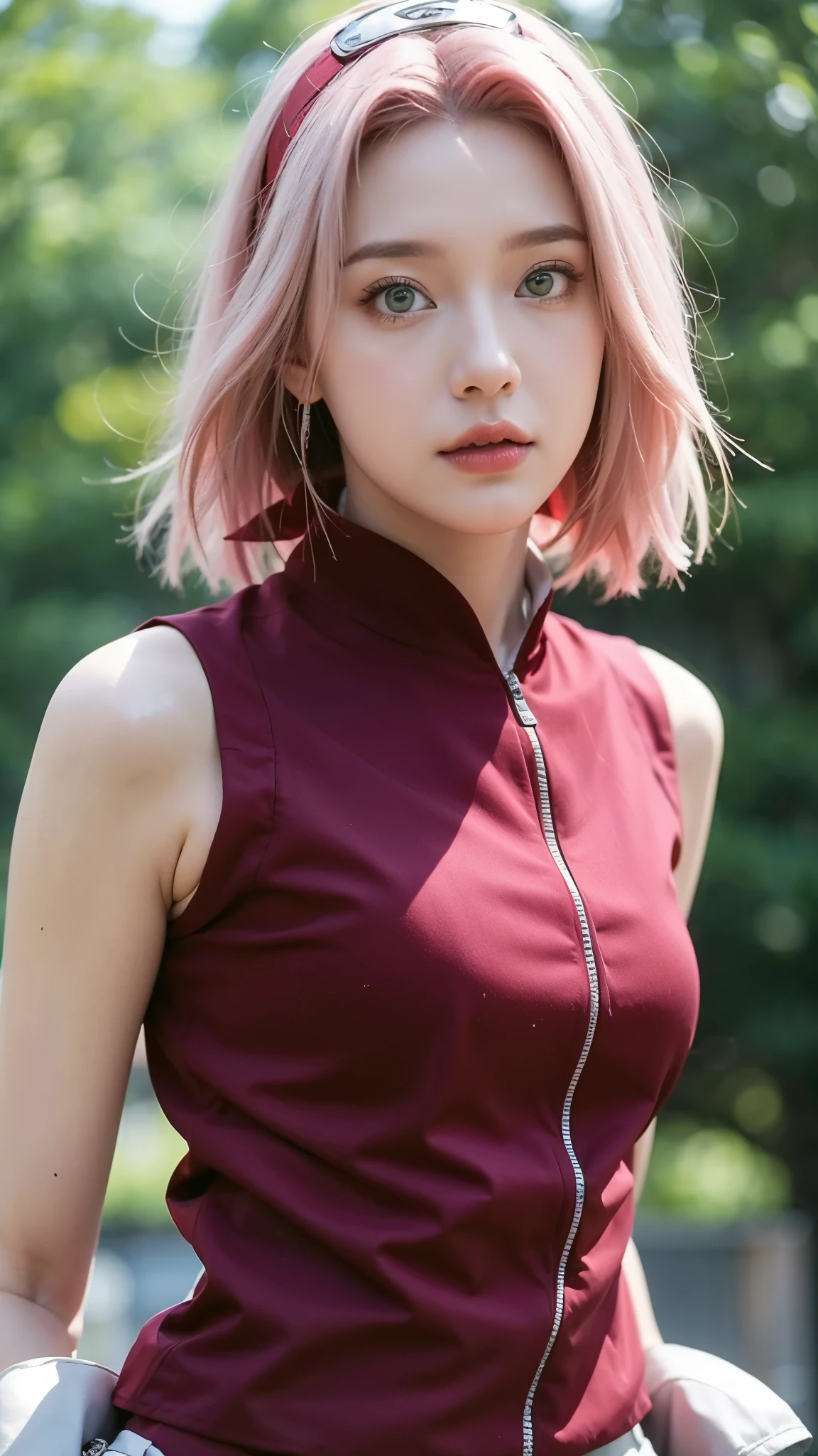 Haruno Sakura from Naruto Shippuden, half-body portrait, realistic and ultra-detailed style, HD quality. Beautiful young woman with short pink hair, green eyes, and a determined expression. Wearing her classic red ninja outfit with the Konoha headband on her forehead. Soft natural lighting, detailed skin texture, lifelike eyes, realistic hair strands, cinematic depth of field, professional studio-quality portrait, ultra HD, super detailed, 8K realism